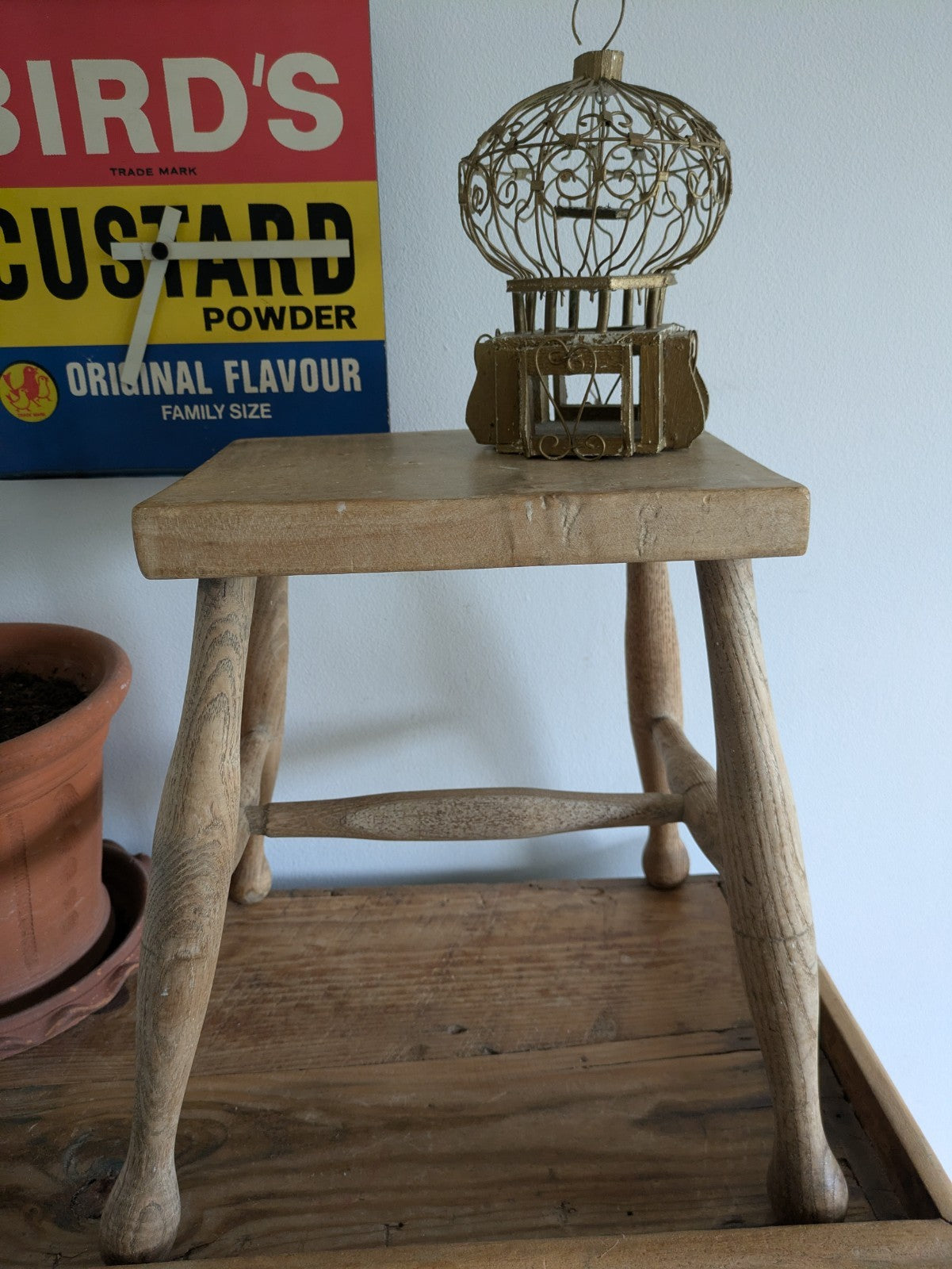 Antique Vtg 1880s Victorian Stool Beech Top Elm Leg Wooden Seat Utilitarian Vgc