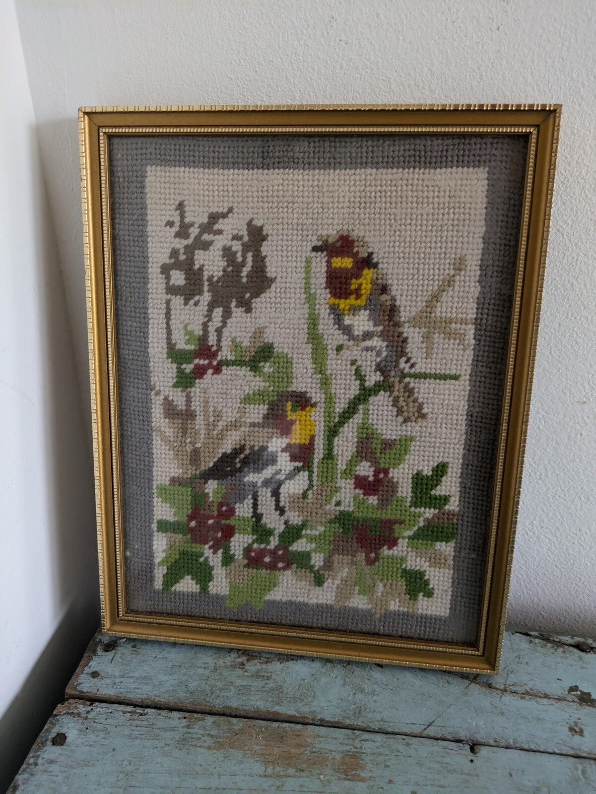 Framed Winter Tapestry Picture Birds Berries Vintage Flowers Needlepoint Kitsch