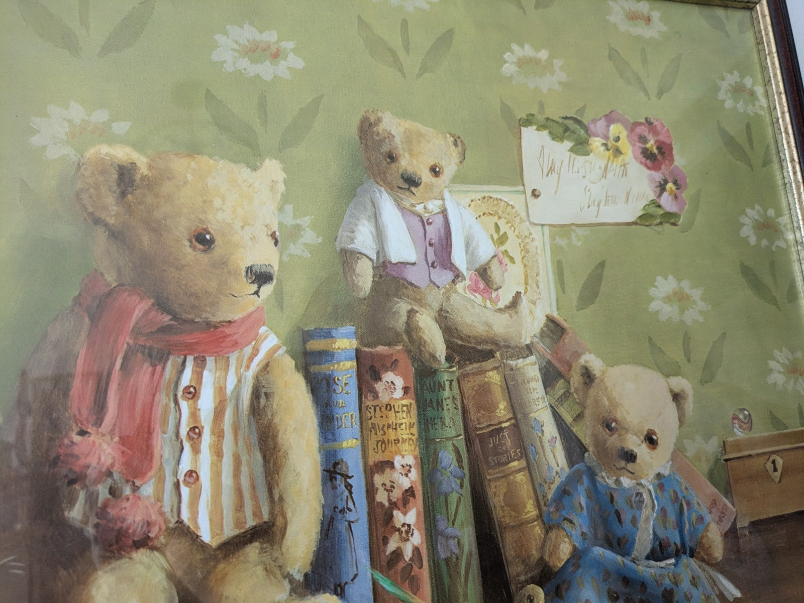 Large Vintage Deborah Jones Teddy Bear Print Framed Nursery Toys Child's Room Vg