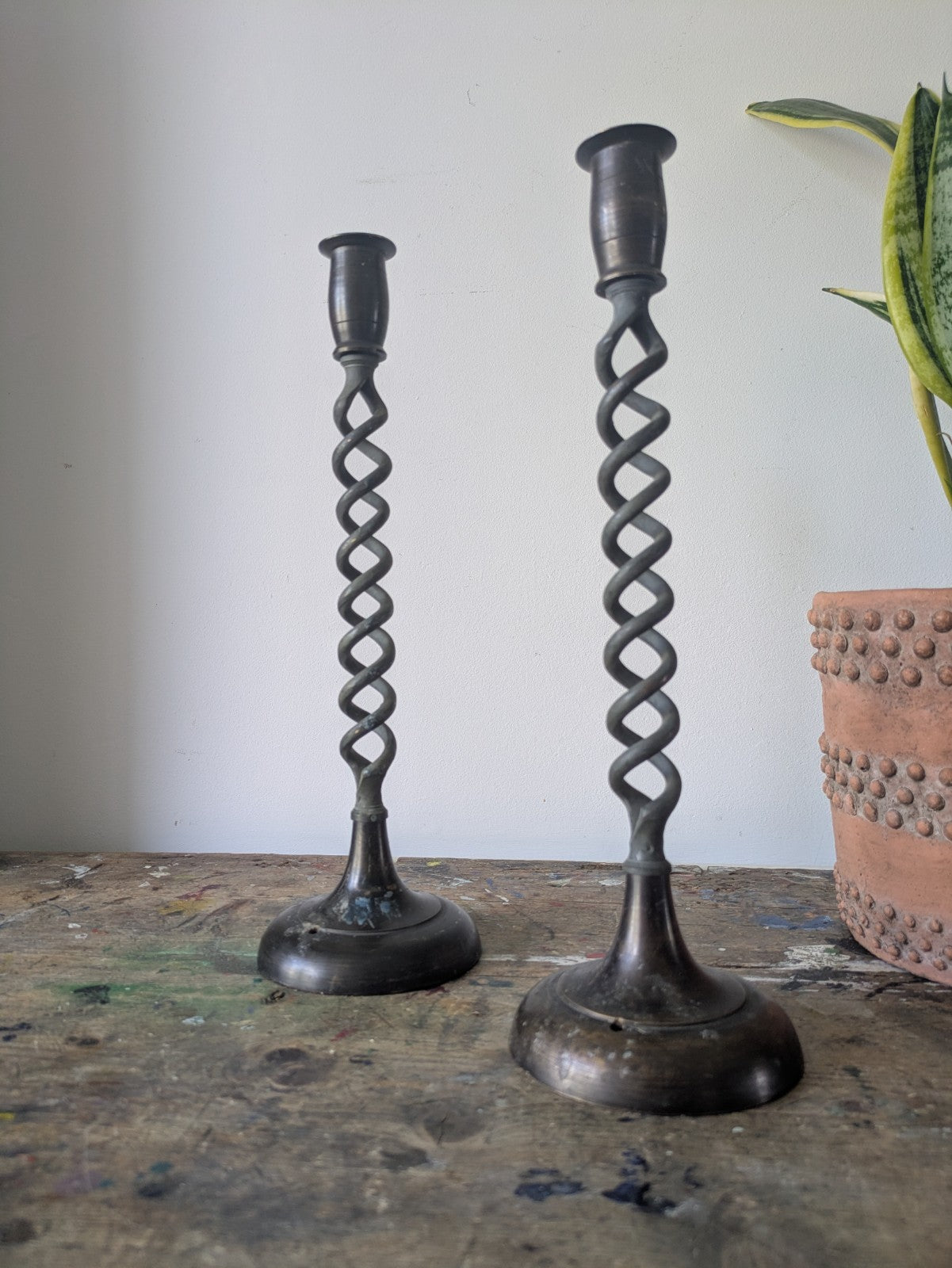 LARGE HEAVY TALL Pair Antique Brass Barley Twist/Spiral Candlesticks 34.8cm Tall