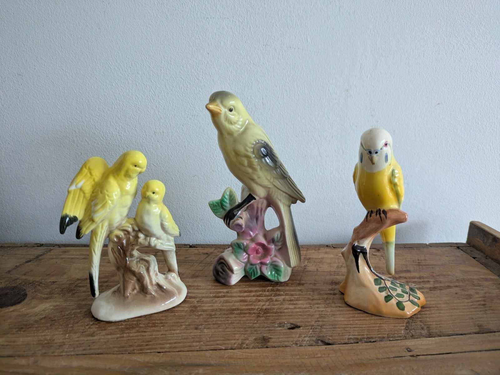 3x Rare Lot Yellow Budgie Mid Century Bird Retro Ceramic Figurine Ornament Vtg