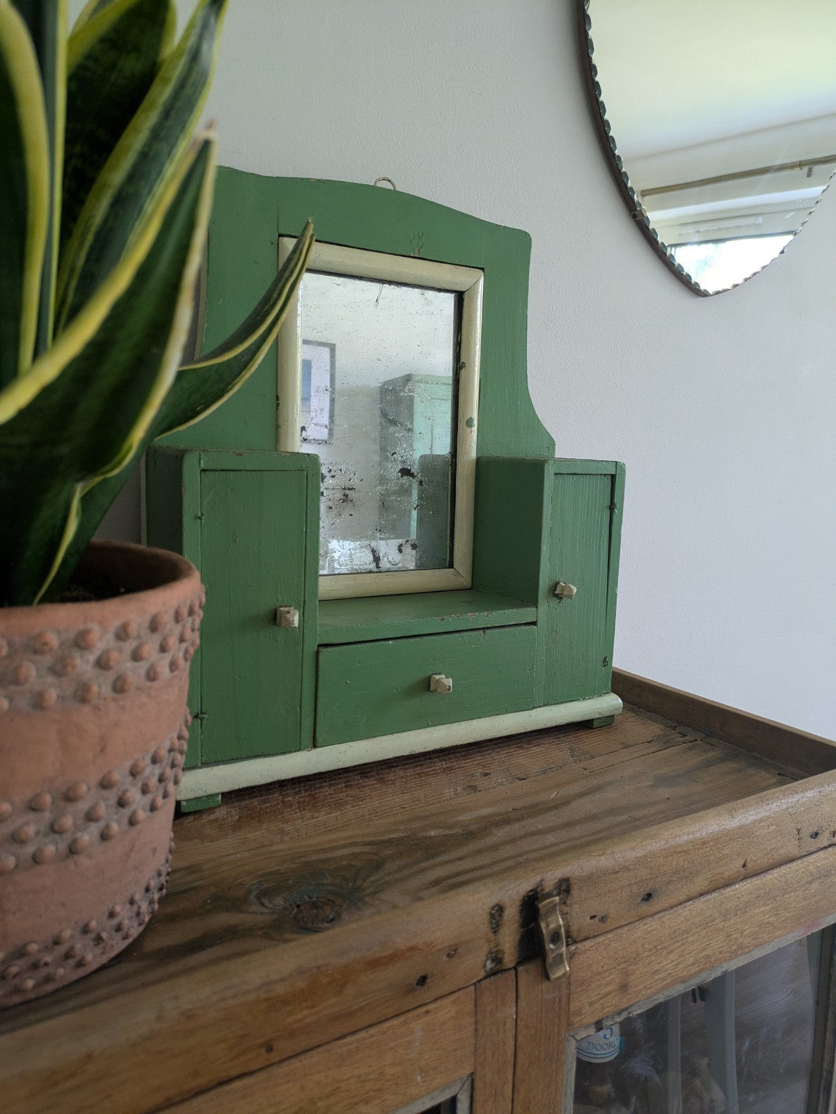 Antique Romanian Art Deco Wood Table Vanity Mirror Drawers Green Cupboard Wall