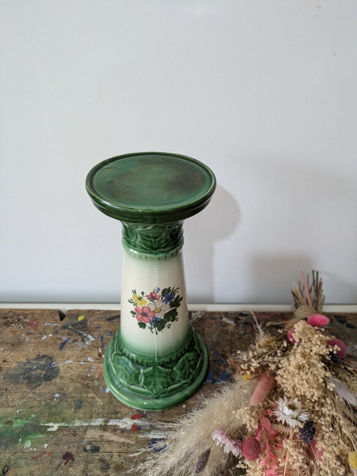 Stunning Vintage Italy Ceramic Jardinere Pedestal Holly Floral Rose Stand 29.5cm
