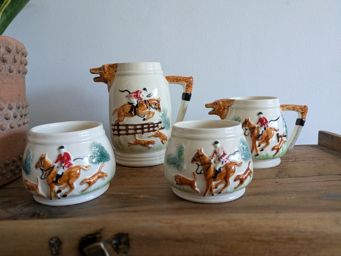 1940s Portland Pottery Cobridge PPC Staffordsre Fox Hunting 4 Piece Tea Set Jug 