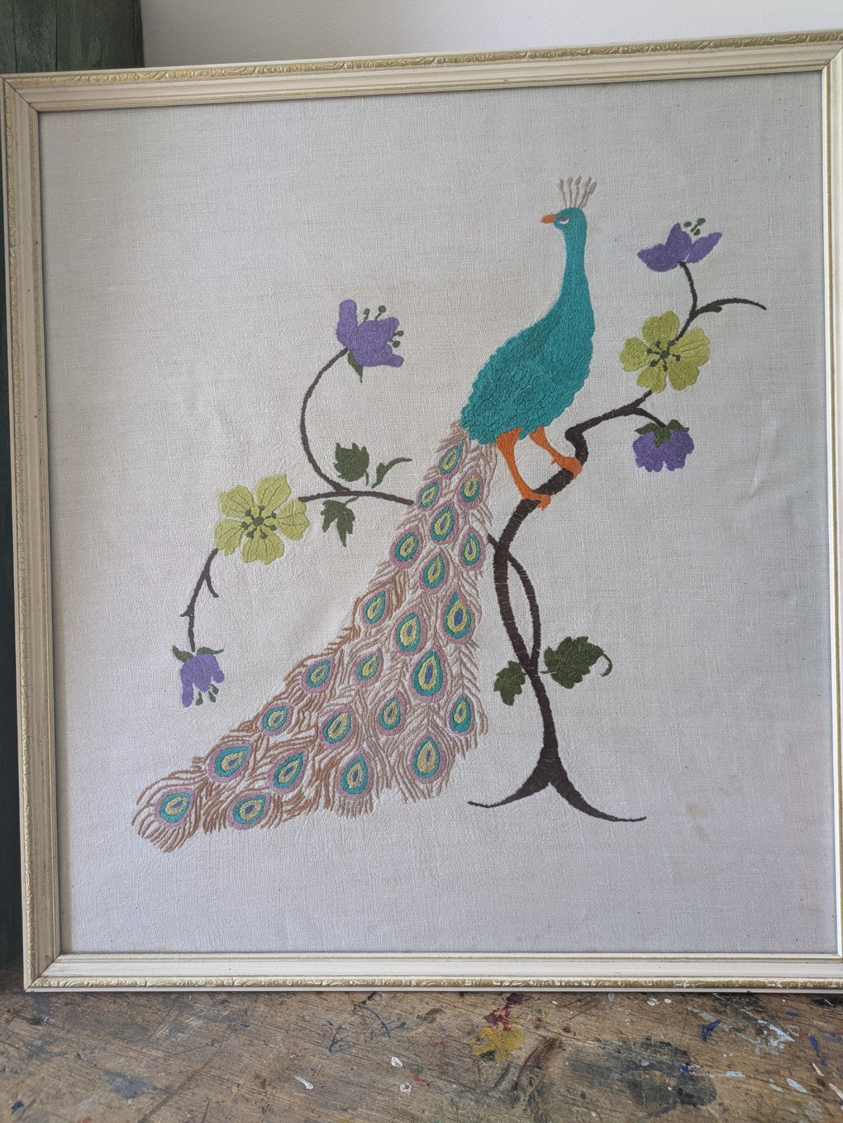 MID CENTURY FRAMED EMBROIDERY PEACOCK ON TREE BRANCH FLOWER LARGE VINTAGE RETRO