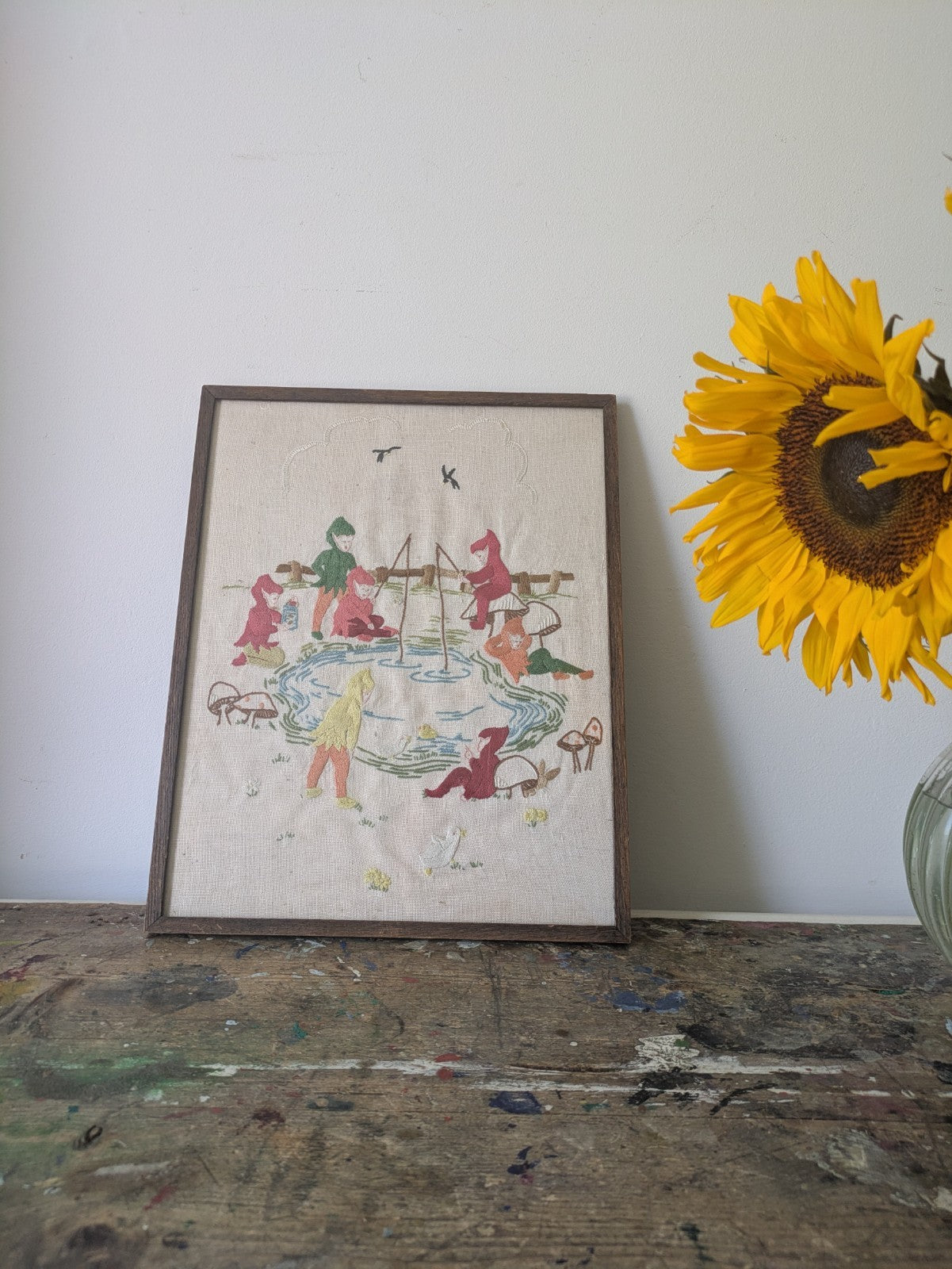 Vintage Hand Embroidered Oak Framed Picture Pixies Fishing Nursery Kitsch Retro 