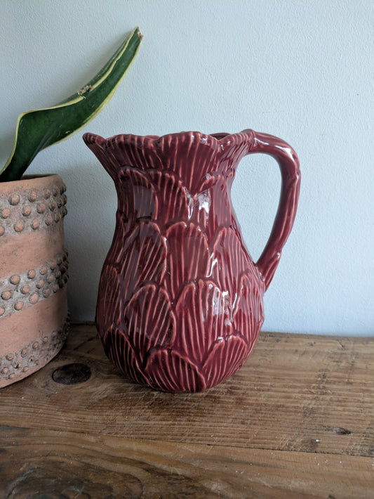 Olfaire Made In Portugal Burgundy Cabbage Majolica Pitcher Vintage MCM Vase Rare
