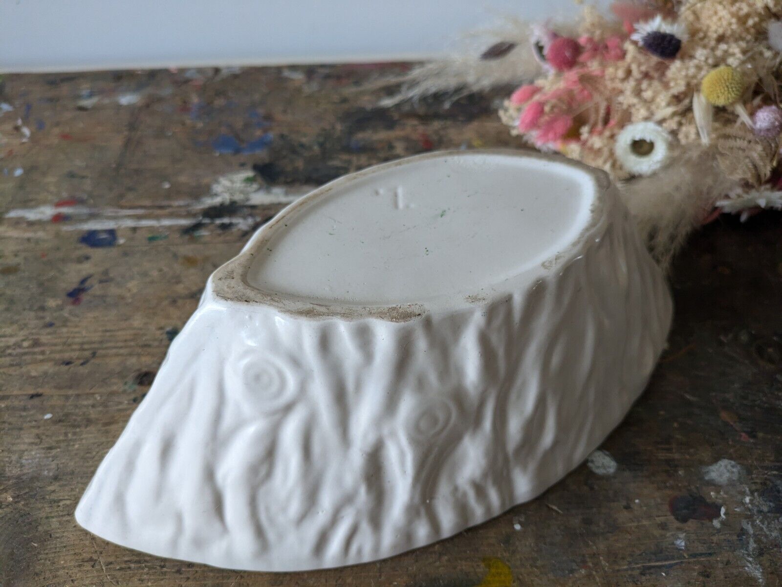 Vintage Large Oval Tree Stump Bark Ceramic Vase White Mantle Retro Prop Planter