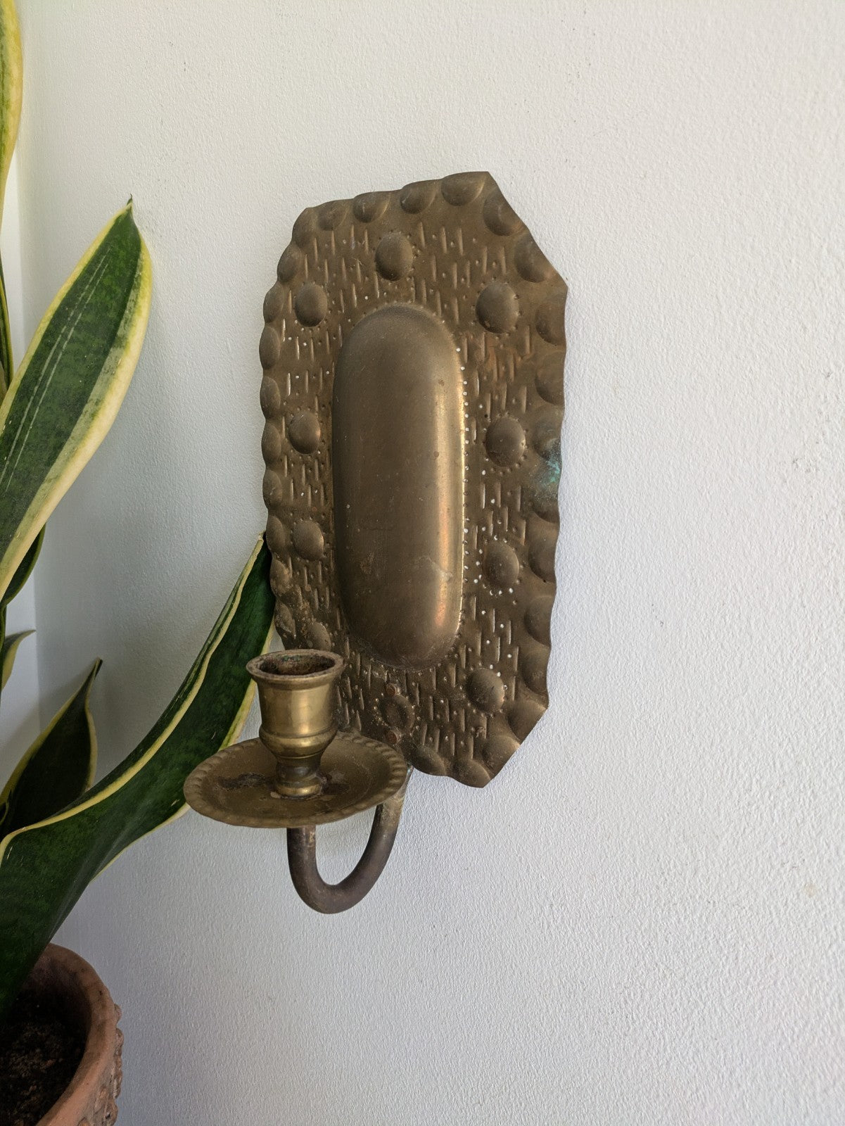 Superb Single Vintage Swedish Repoussé Brass Candle Wall Sconce Holder Hammered