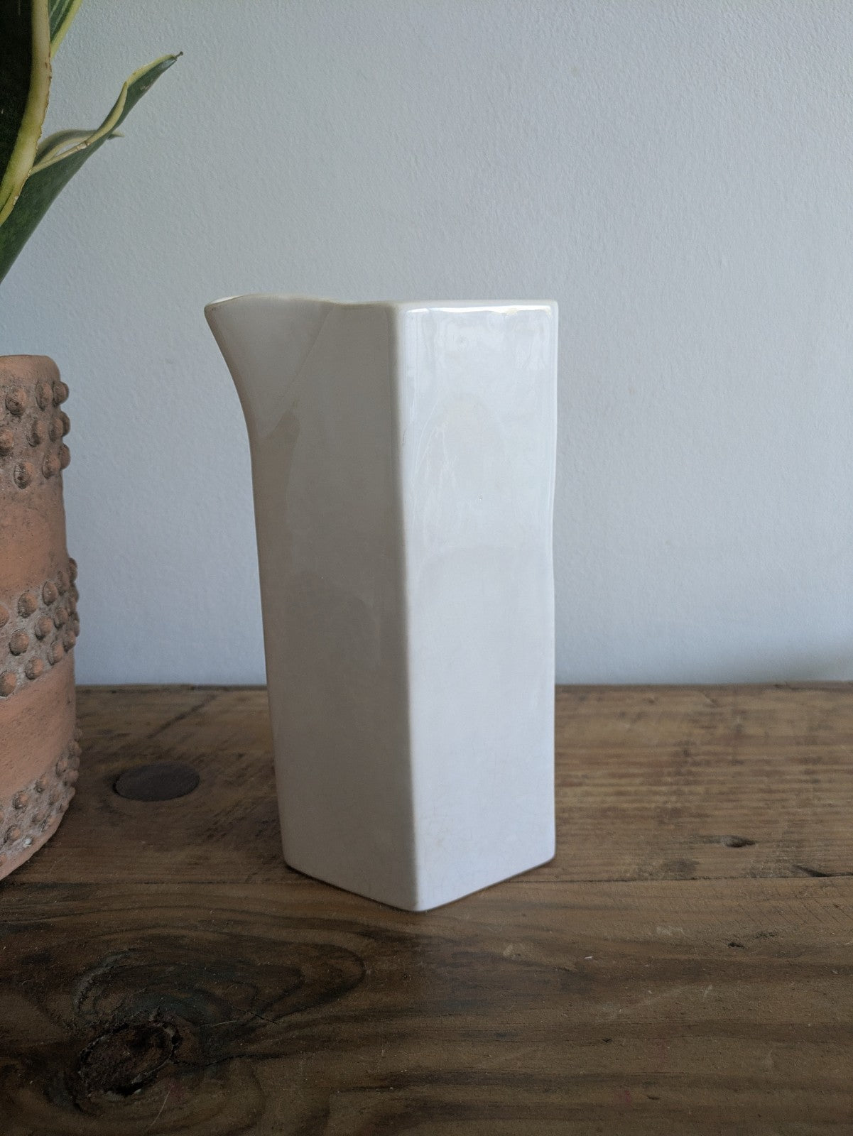 Vintage Deco White Ceramic Pitcher Jug Inset Handle Hexagonal Pitcher Crazed Vgc