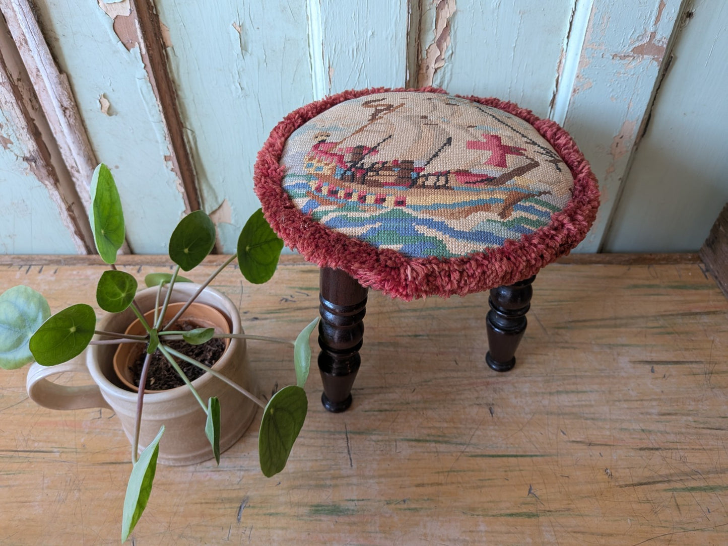 Victorian Tripod Needlepoint Foot Stool Ship Sailing Seat Tapestry Antique Vtg