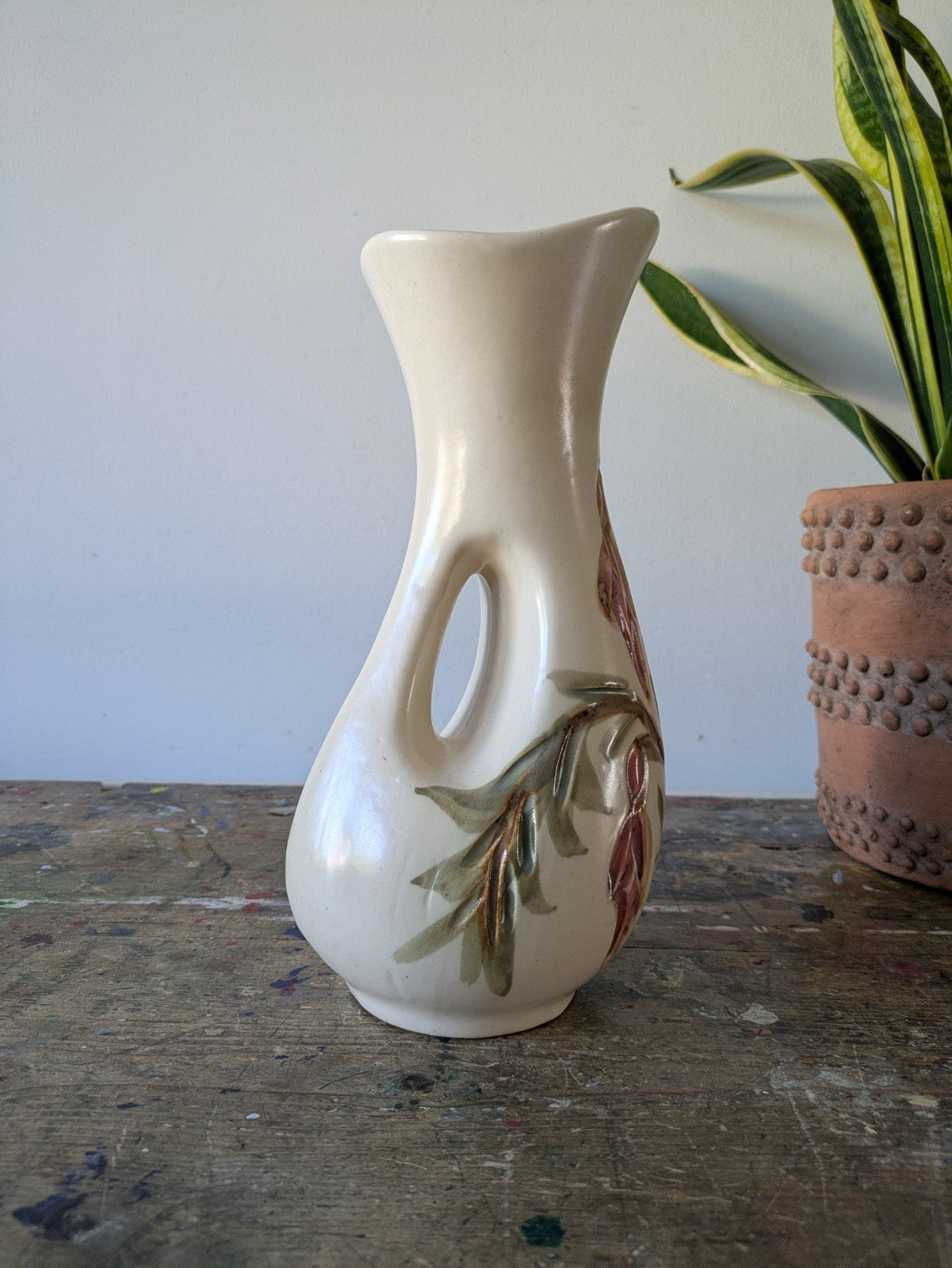 KAD-YAD Israel Studio Pottery Mid Century Flowers Design Handle Vase Jug Vintage