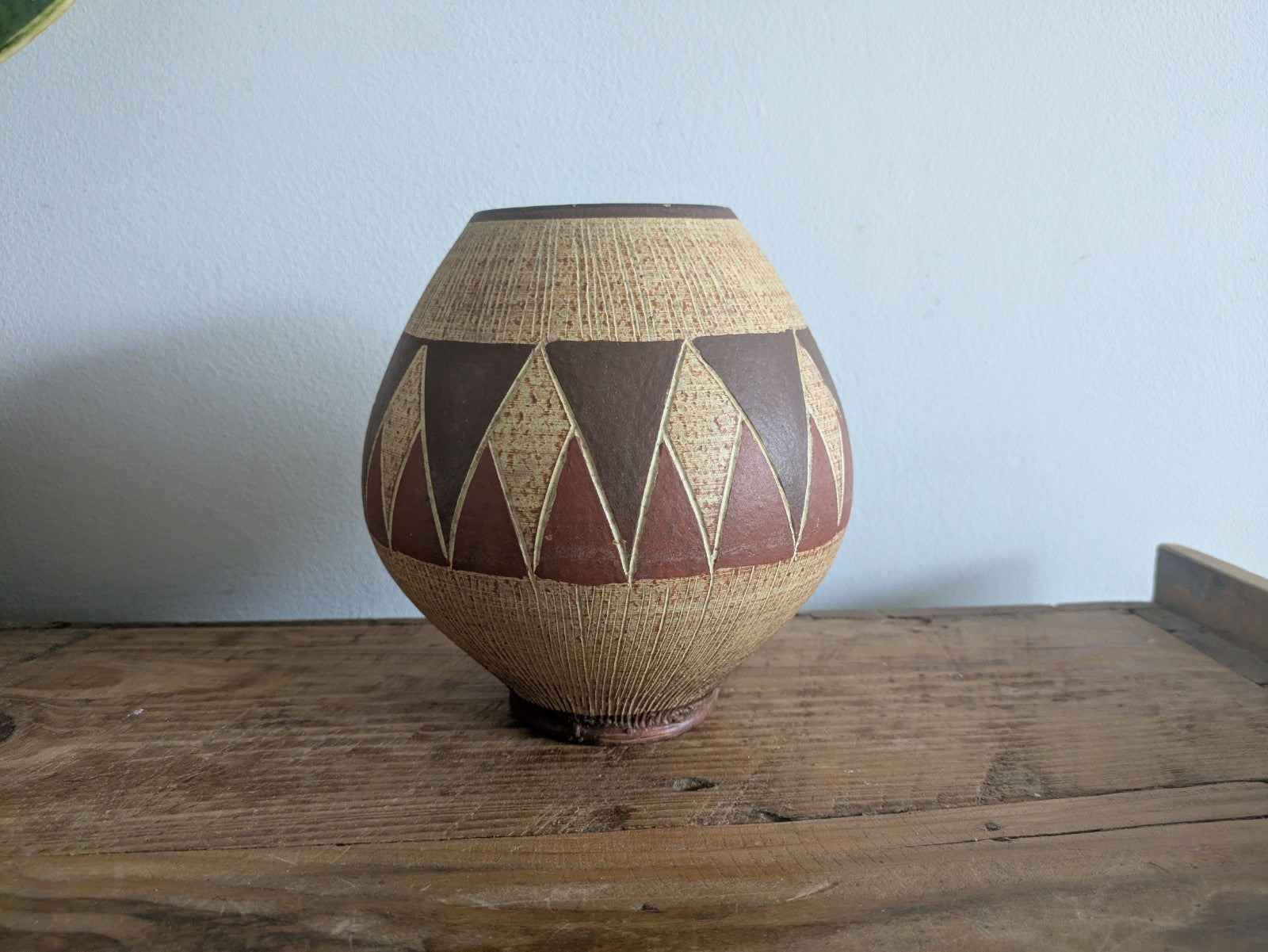 Mid Century German Art Pottery Aztec Design Vase Handerbeit Germany Sawa Brown