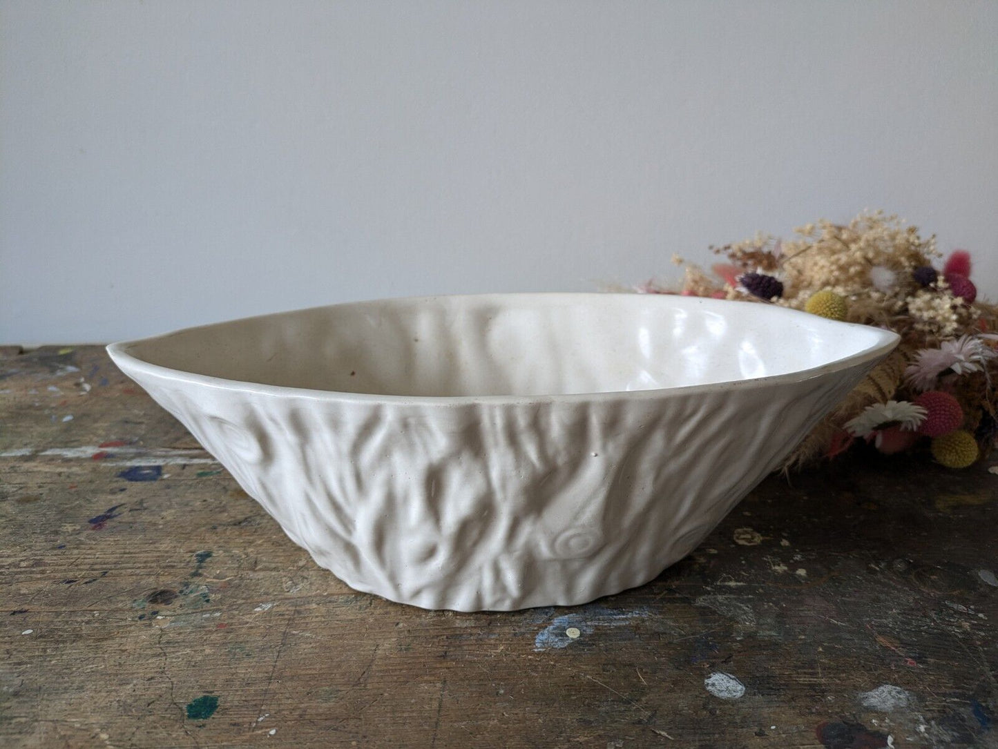Vintage Large Oval Tree Stump Bark Ceramic Vase White Mantle Retro Prop Planter