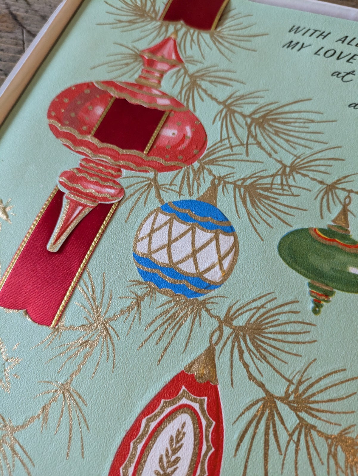 Vintage Retro 50s Iconic Christmas Xmas Greeting Card Fabric Baubles Ribbon Vgc
