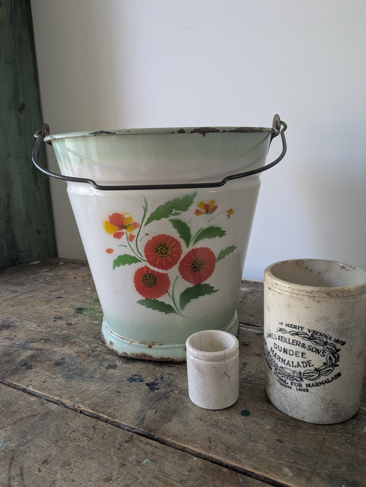 Antique White Enamel Floral Hungarian Bucket Prop Vintage Pail Garden Laundry Vg