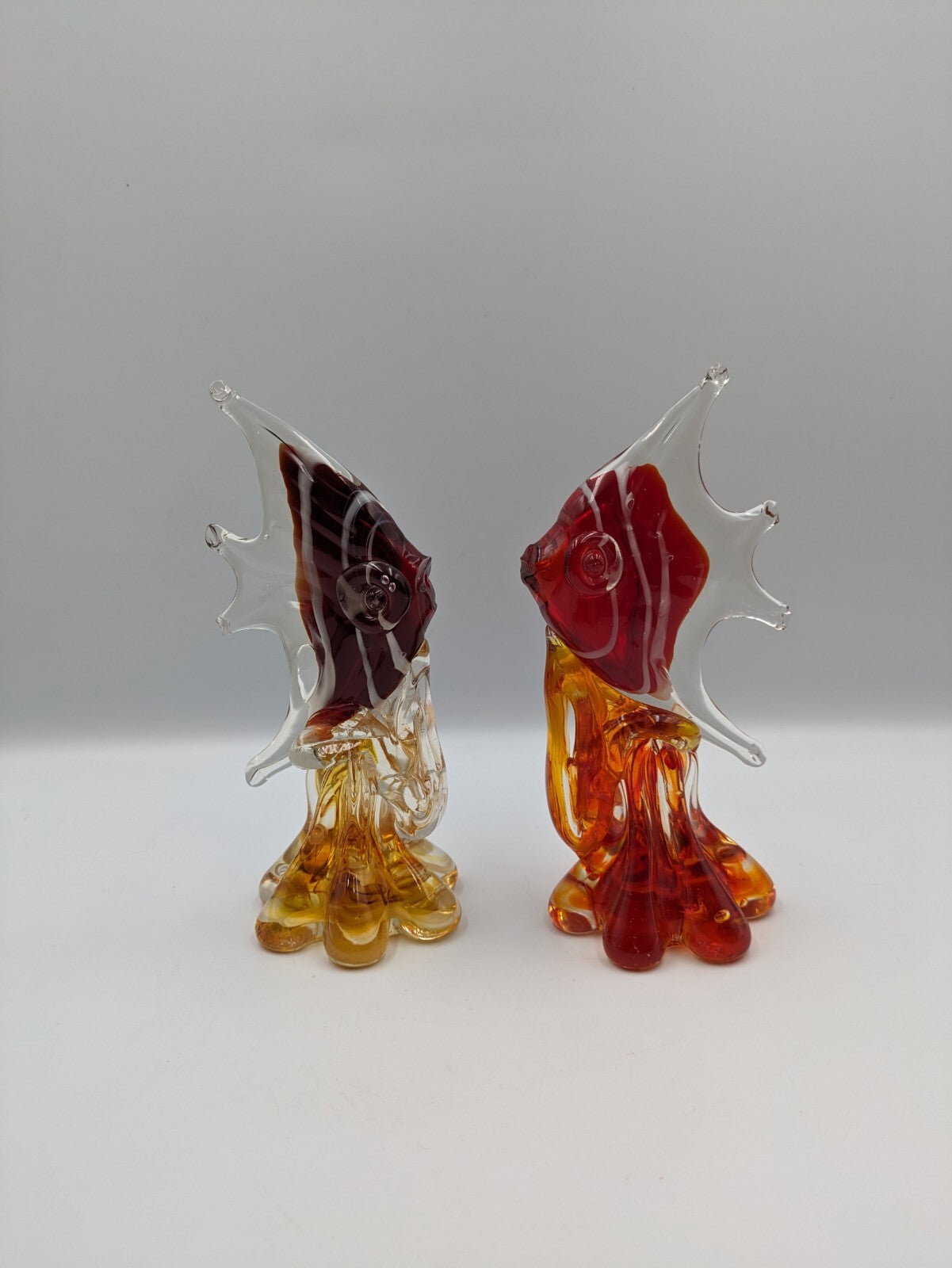 2x Glass Hand Blown Red Orange White Angel Fish Paperweight Figurine Art Deco