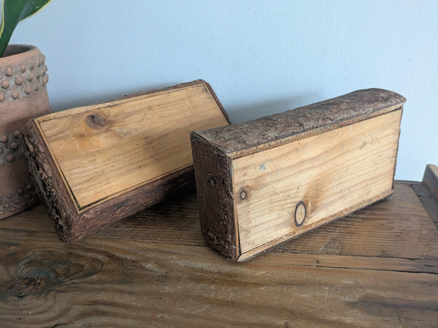 Pair Of Reclaimed Rustic Wood Handmade Box Planter Centerpiece Log Farmhouse Vgc