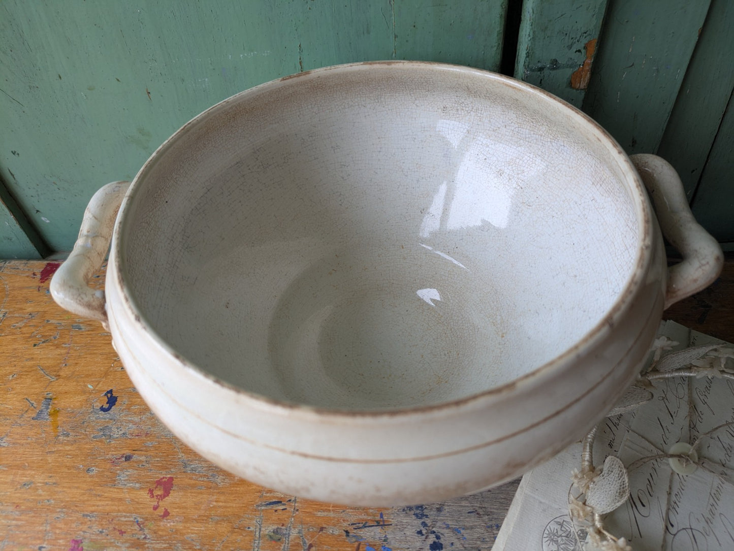 Antique French Faience Soup Tureen/ Soupiere Opaque De Sarreguemines Crazed Rare