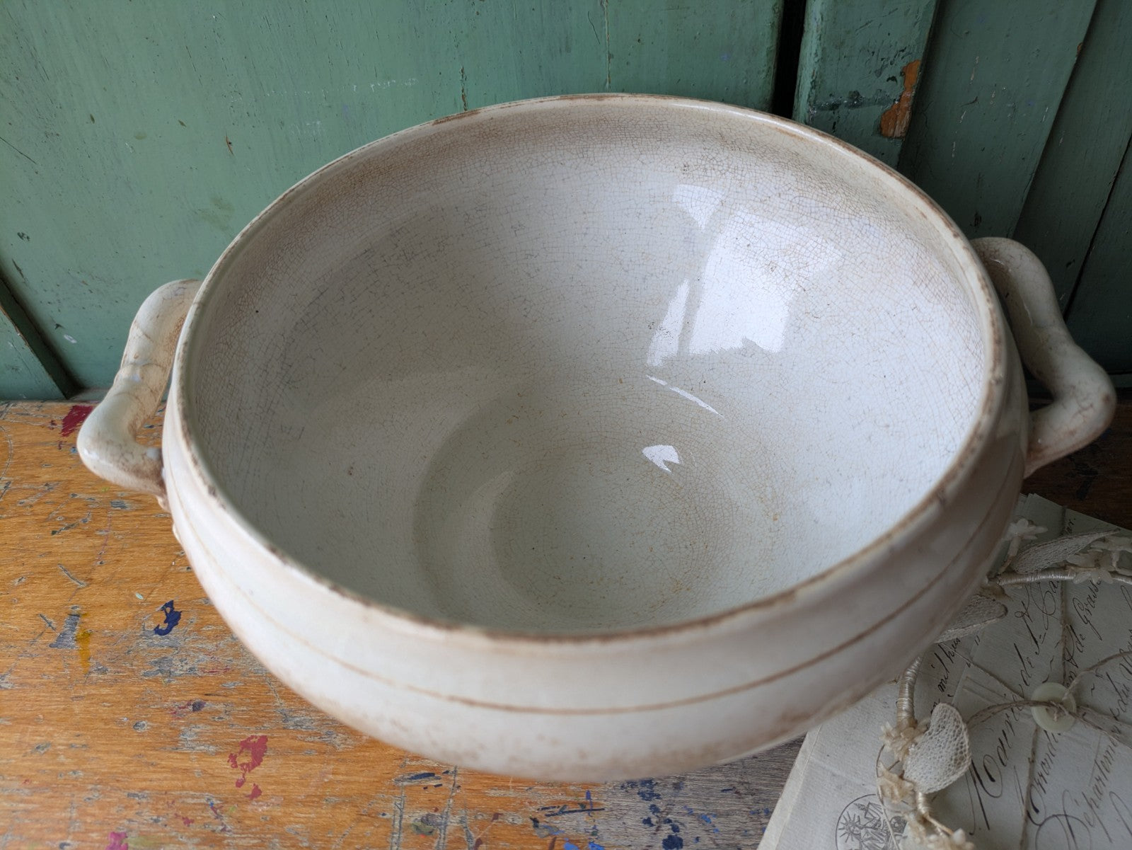 Antique French Faience Soup Tureen/ Soupiere Opaque De Sarreguemines Crazed Rare