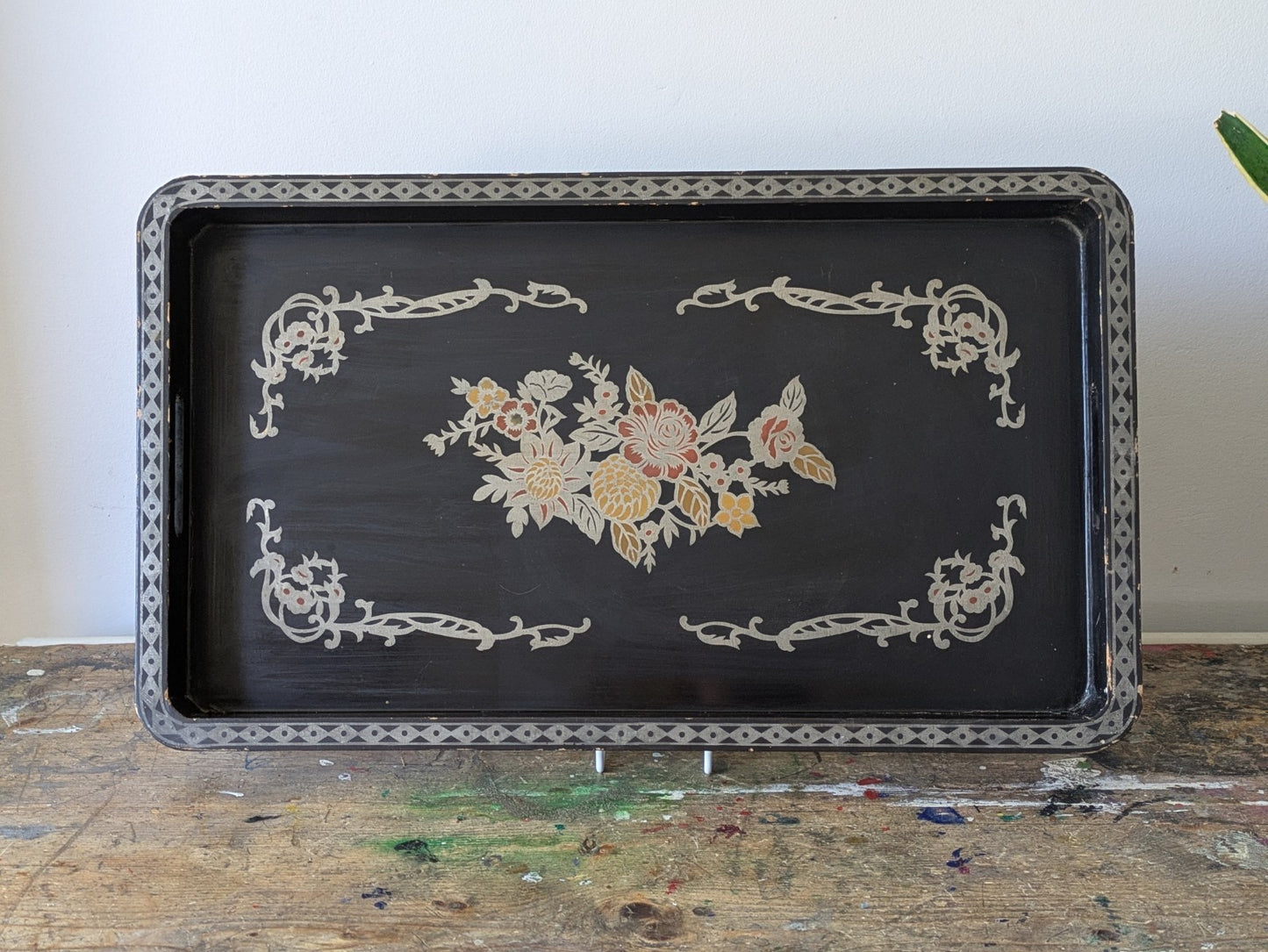 Vintage Chinese Lacquered Serving Tray c. 1950 Painted Floral Black Stencil Atq