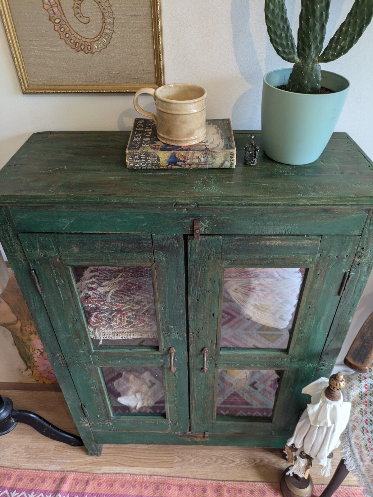 Restored Antique Vintage Indian Cabinet Cupboard Painted Glazed Reclaimed Green