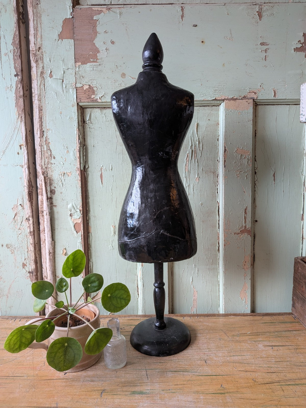 Vintage Miniature Female Black Mannequin Torso Full Body Dress Form with Stand