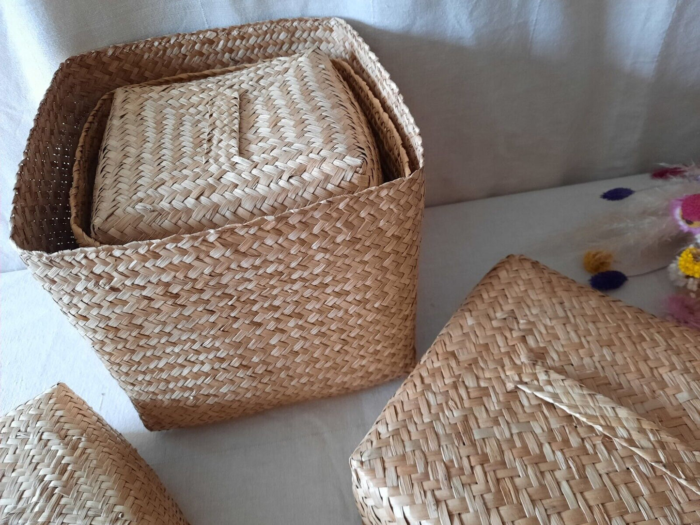 Set Of 3 Wicker Cane Woven Nested Storage Baskets Boxes Stacking graduated squar