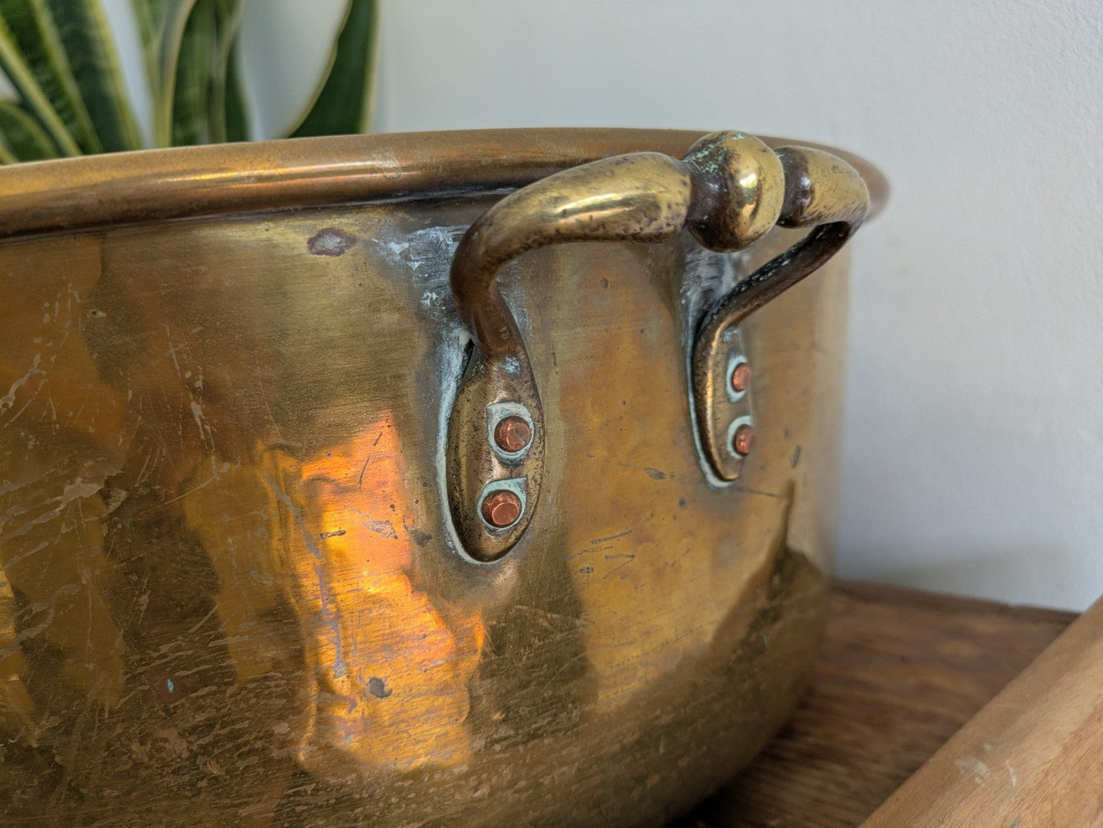 Antique 19thC Victorian Brass Pot Pan Double Handles Giant XL Size Chef Kitchen