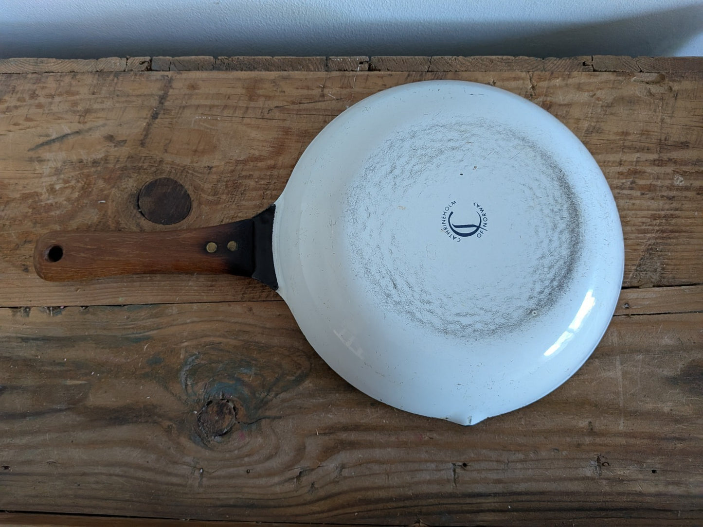 Vintage Retro Cathrineholm Norway Enamel Skillet Pan White Blue Lotus Pattern 