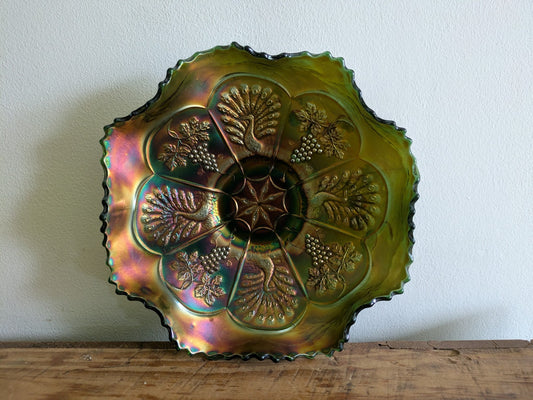 Fenton Peacock & Grape Green Iridescent Carnival Glass Ruffled Bowl Antique Rare