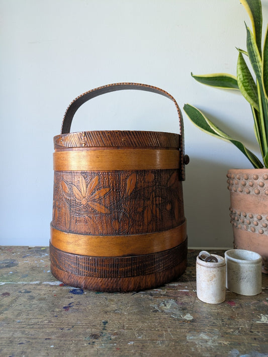 Antique Vtg Sugar Firkin Bucket w. Lid & Handle Pantry Carved Design Primitive