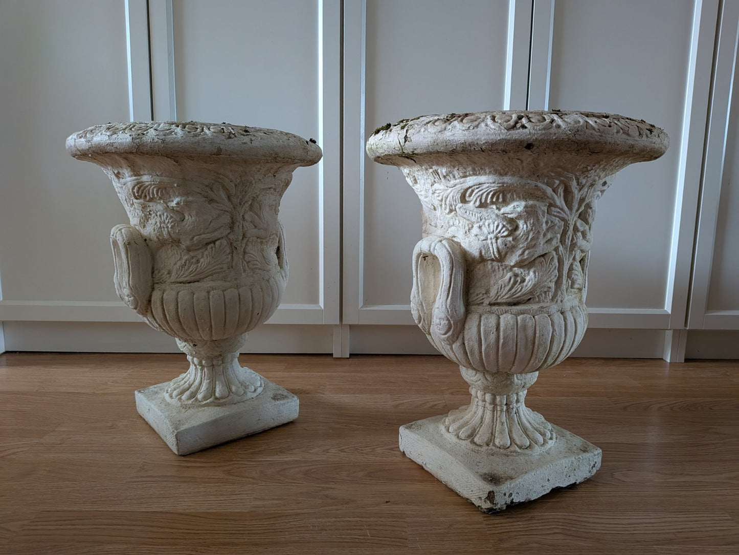 Pair Reclaimed Classical Medici Garden Urn Planter Cast Stone Handles Weathered