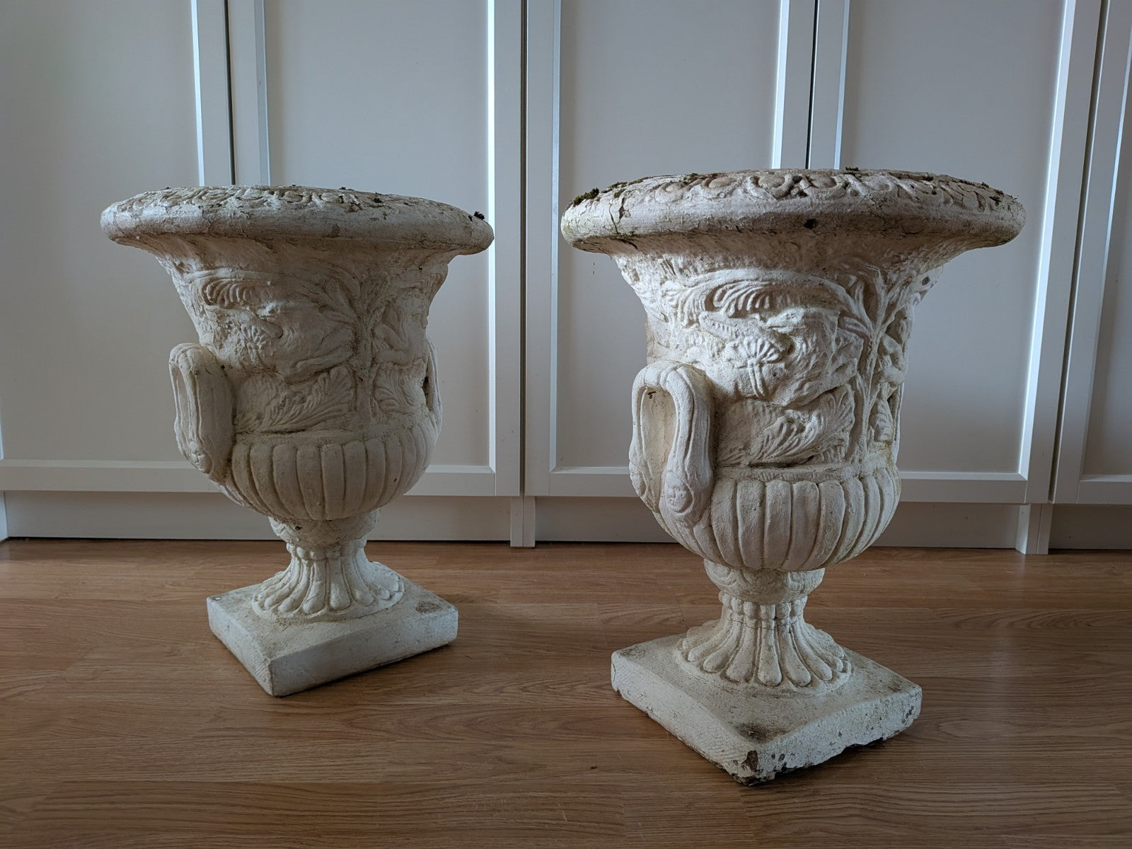 Pair Reclaimed Classical Medici Garden Urn Planter Cast Stone Handles Weathered