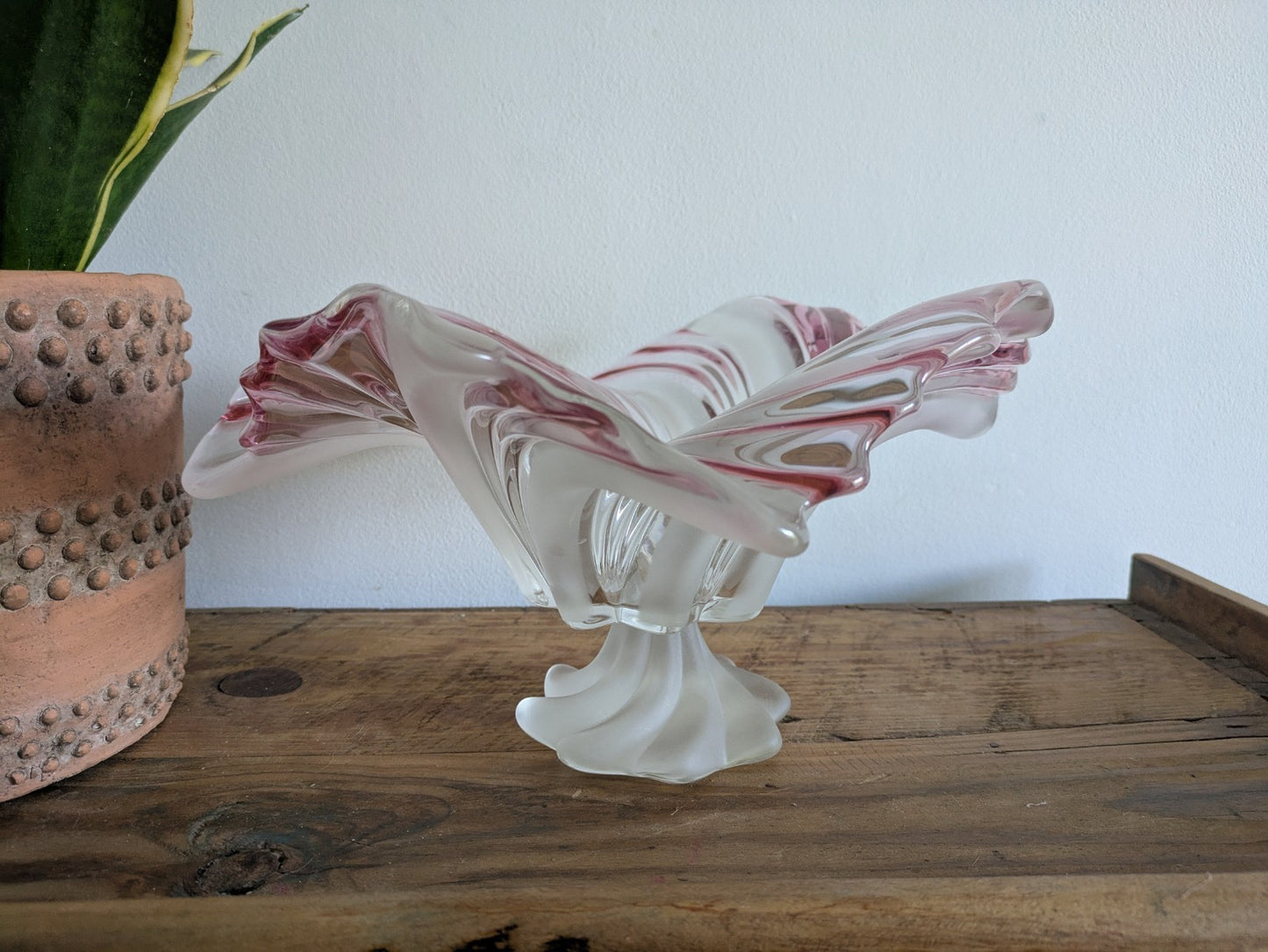 Vintage Walther Glass Belle Epoque Lead Crystal Foot Bowl 70s Red & White Large