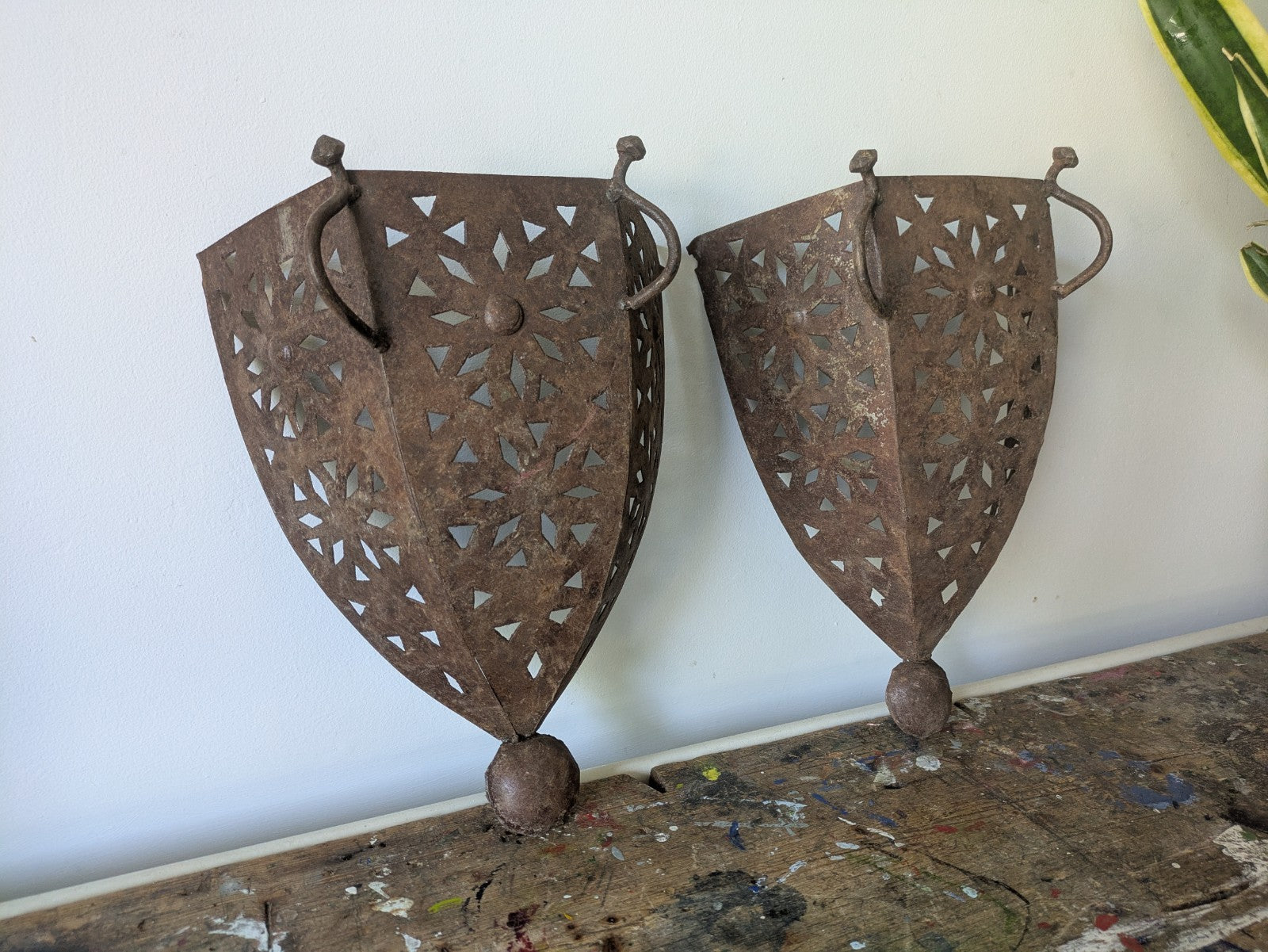 Pair Handmade Pierced Open Iron Moroccan Wall Sconces Lights Candles Lamp Decor