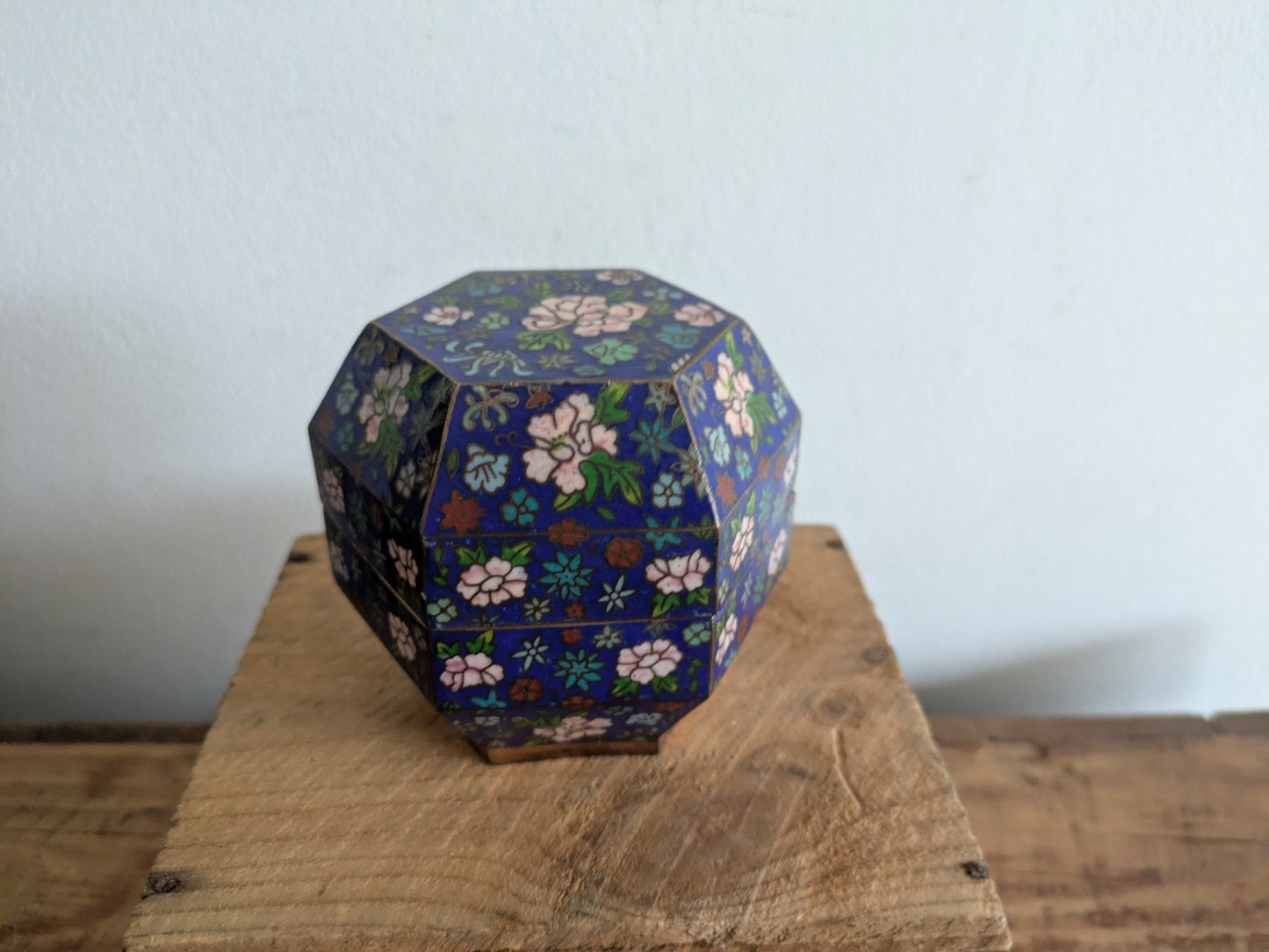Superb Japanese Cloisonne Enamel Hexagon Shaped Box Blue Floral Vintage Pot Vgc