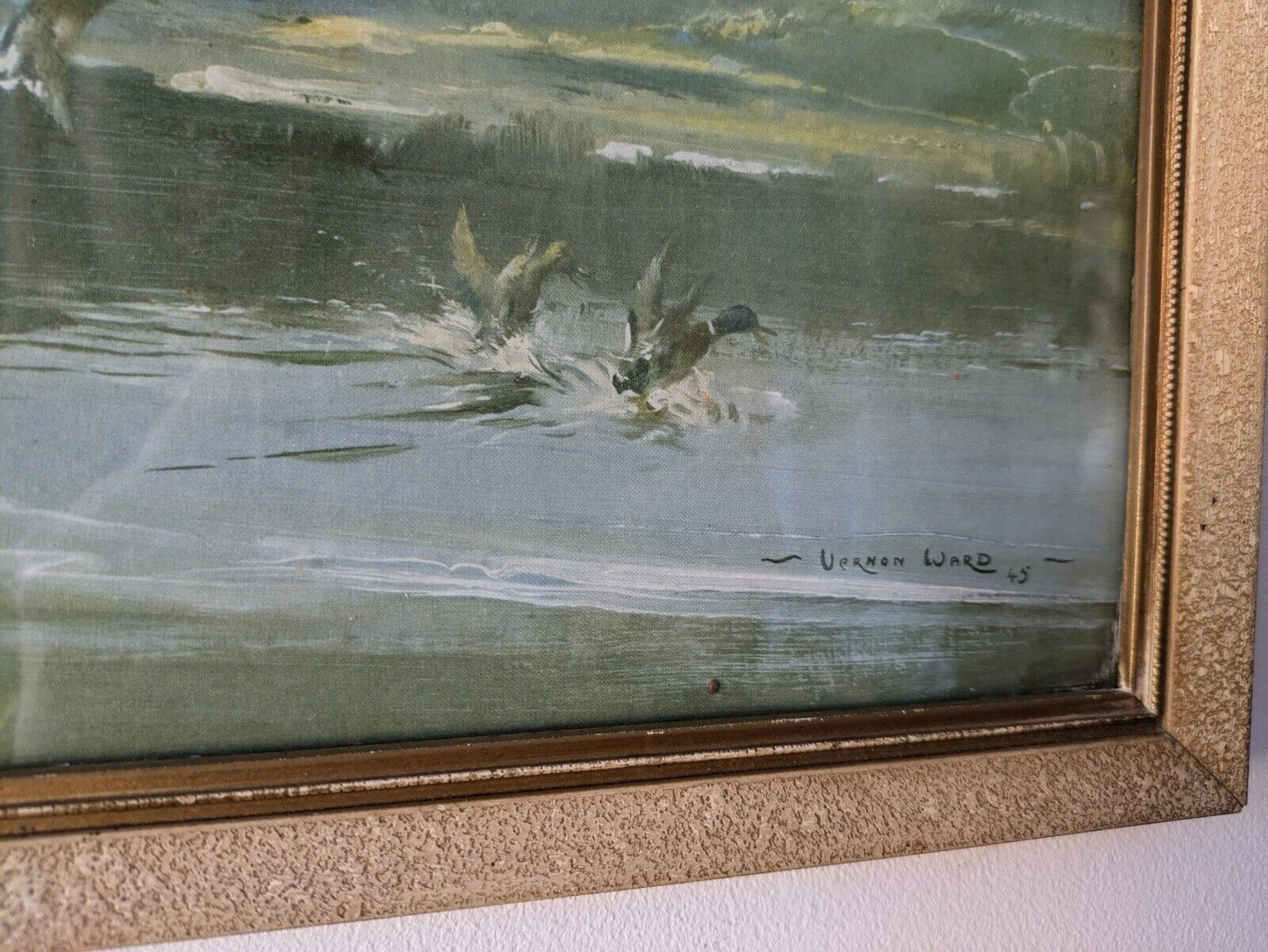 Vintage Vernon Ward Print Framed Art Painting The Flight Back 1945 Flying Ducks