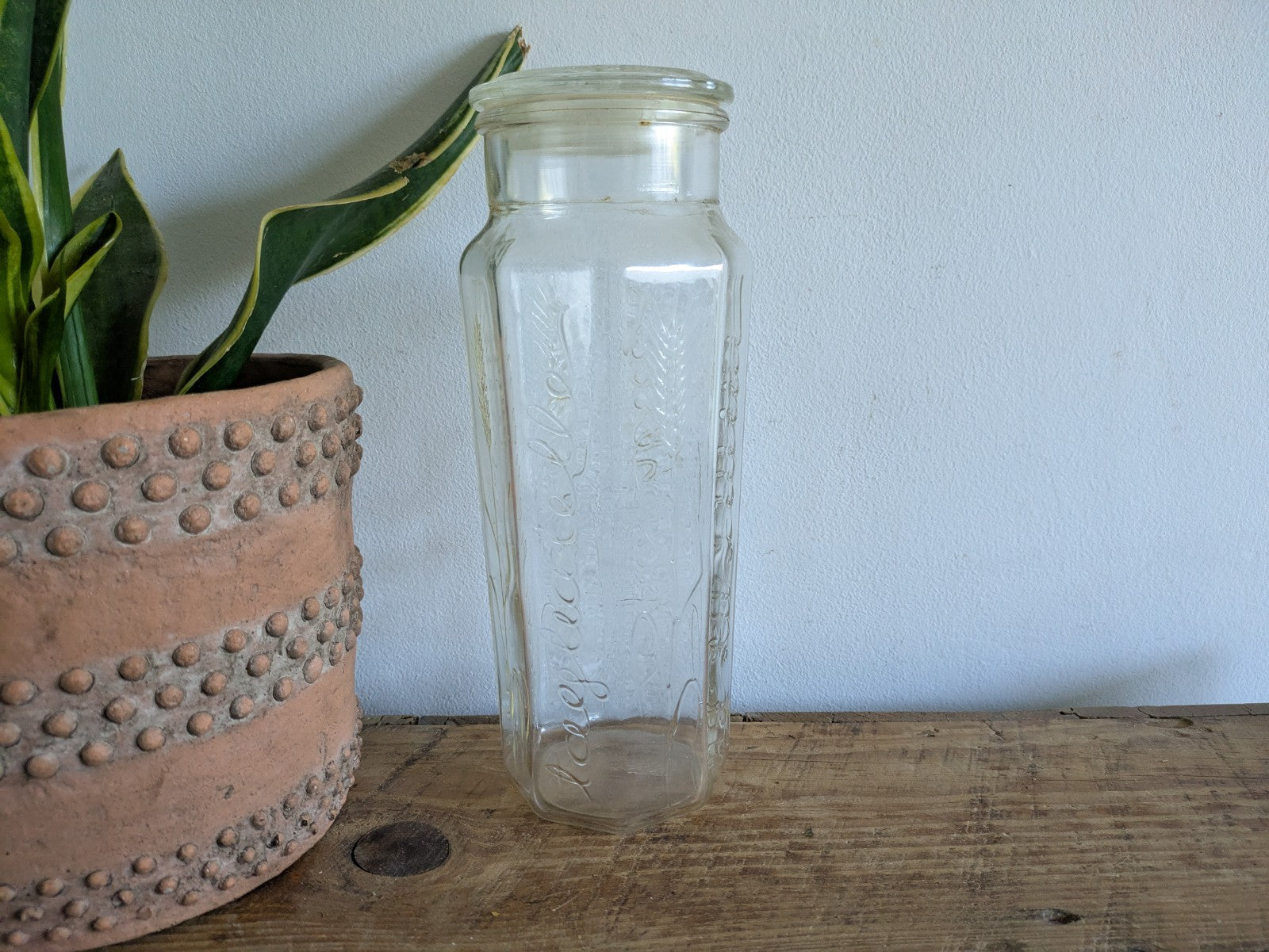 Retro Vintage Embossed Glass Spaghetti Pasta Storage Jar Tall Linguini Container