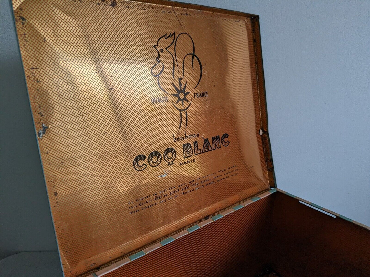 Rare French Oversize XL Coq Blanc Bonbon Sweet Collectable Tin Box Container Vtg