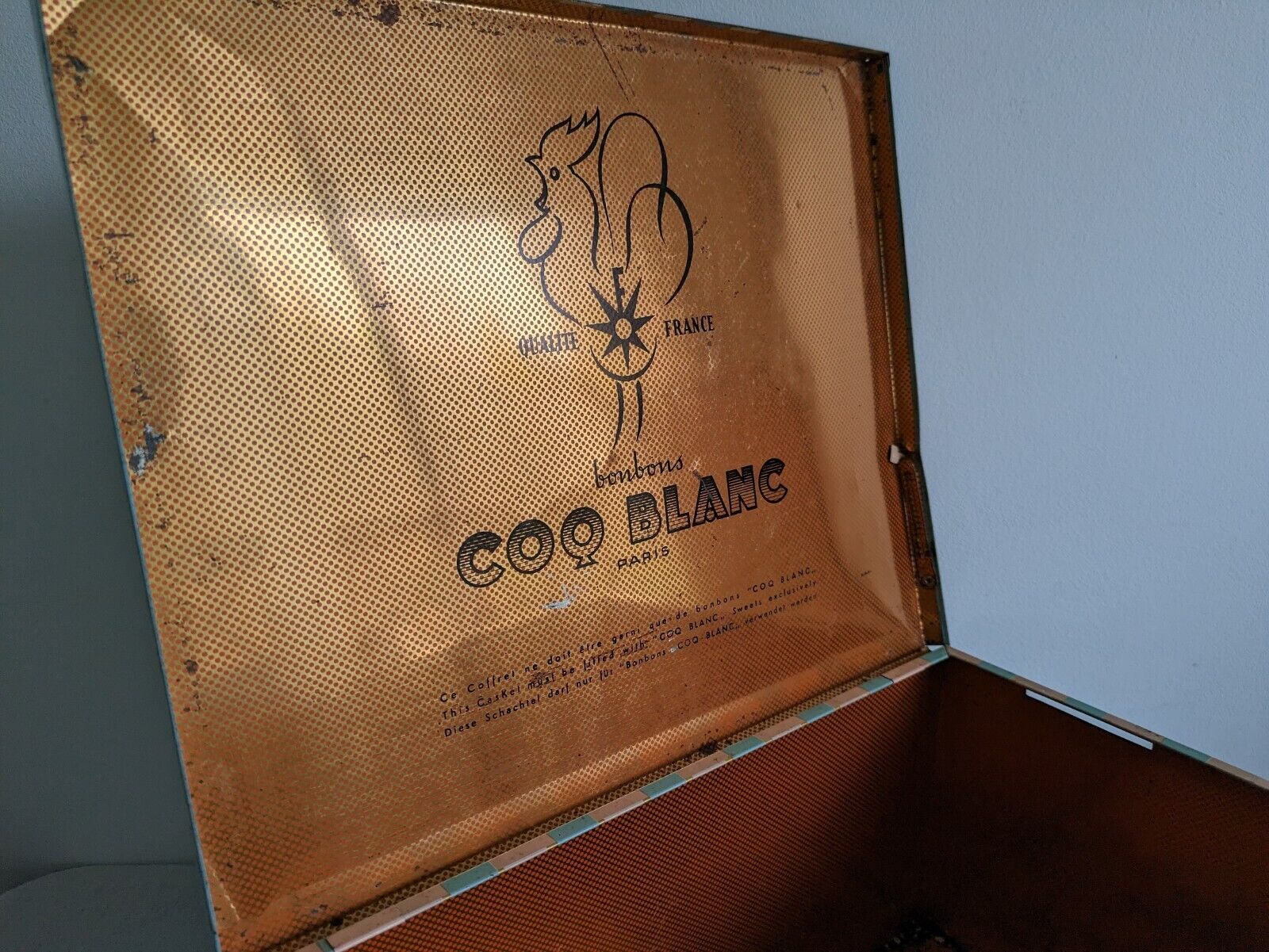 Rare French Oversize XL Coq Blanc Bonbon Sweet Collectable Tin Box Container Vtg