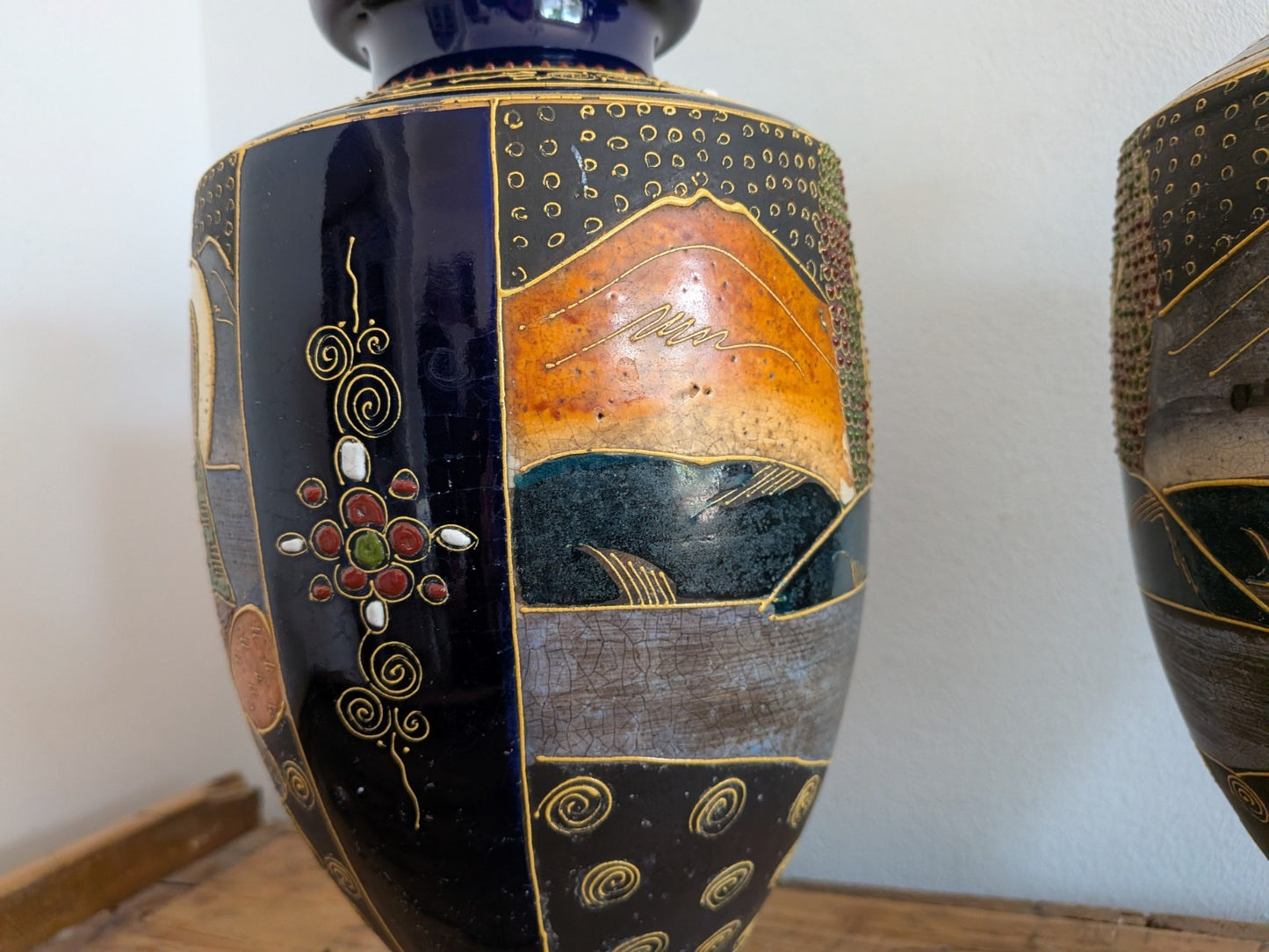 Pair Antique Early 1900s Satsuma Moriage Oriental Vase / Made in Japan Blue Vgc