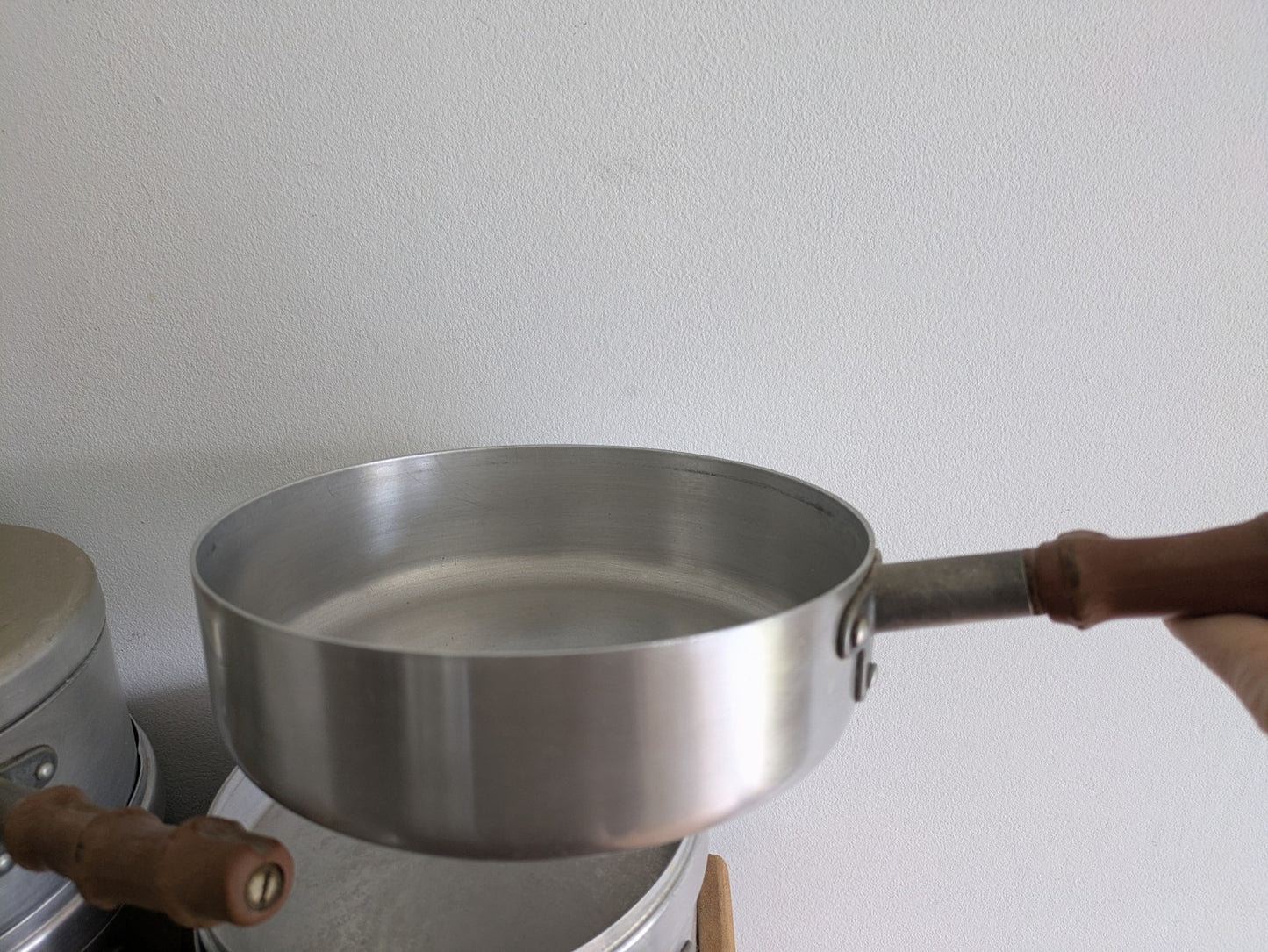 Vtg Retro Bamboo Mirro Ware Stainless Steel Aluminium Cooking Pots Sauce Pan Fry