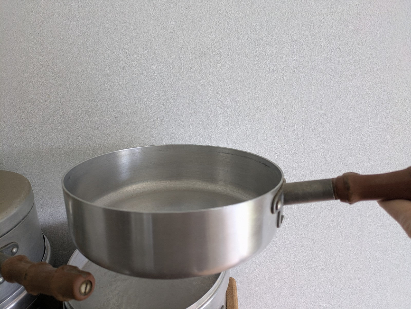 Vtg Retro Bamboo Mirro Ware Stainless Steel Aluminium Cooking Pots Sauce Pan Fry