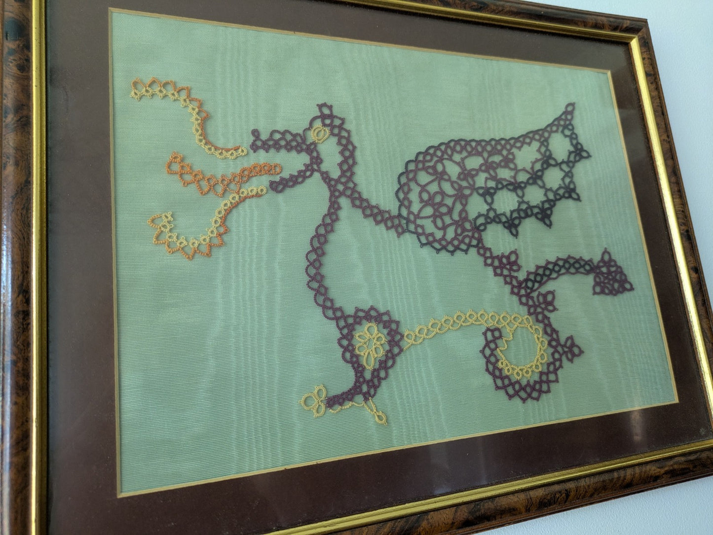 Vintage Welsh Fire Breathing Dragon Tatted Lace Framed Picture Handmade Wales 