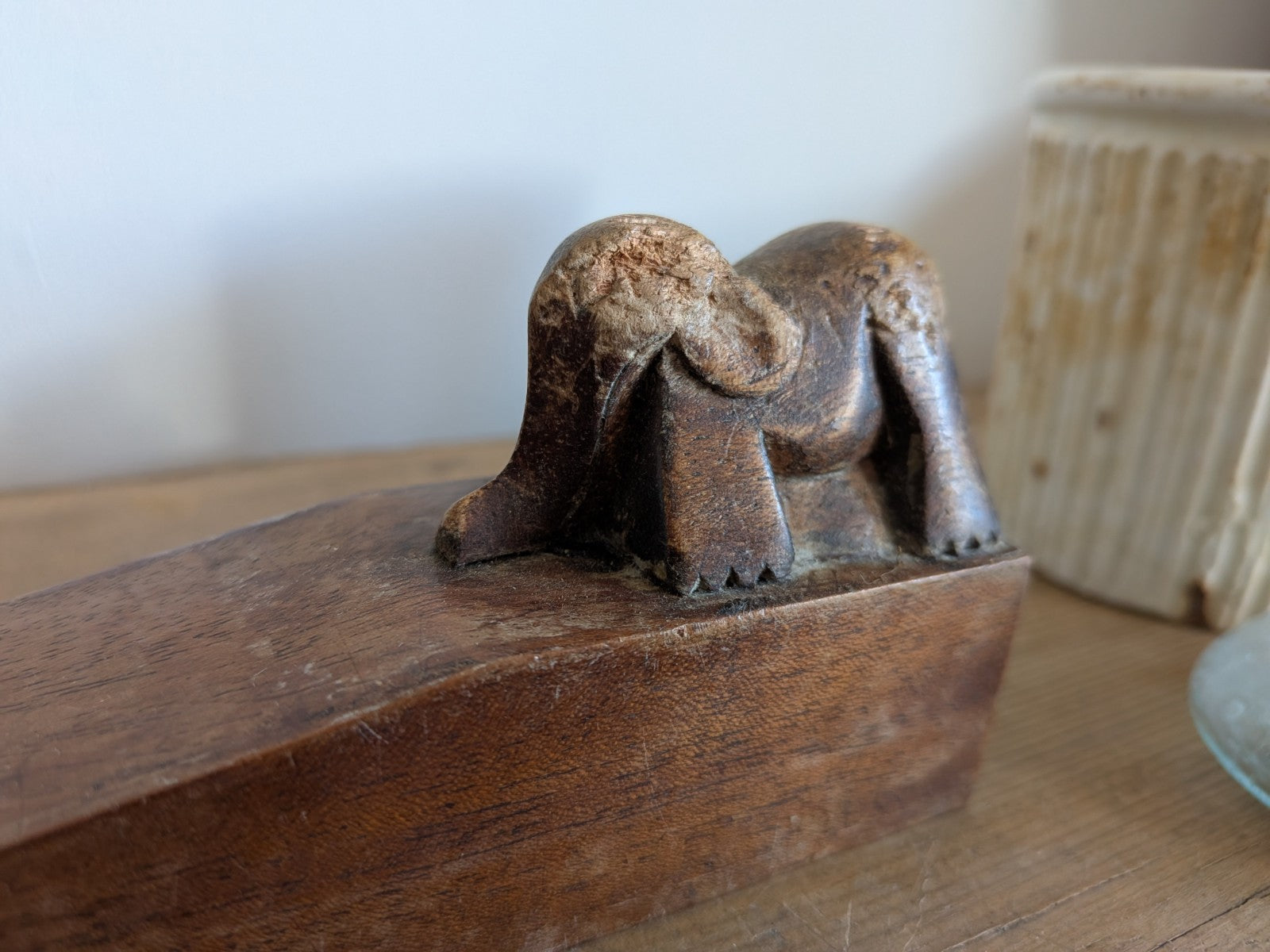 Antique Carved Rare Doorstop Primitive Wood Wedge Elephant Indian Folk Art Vtg