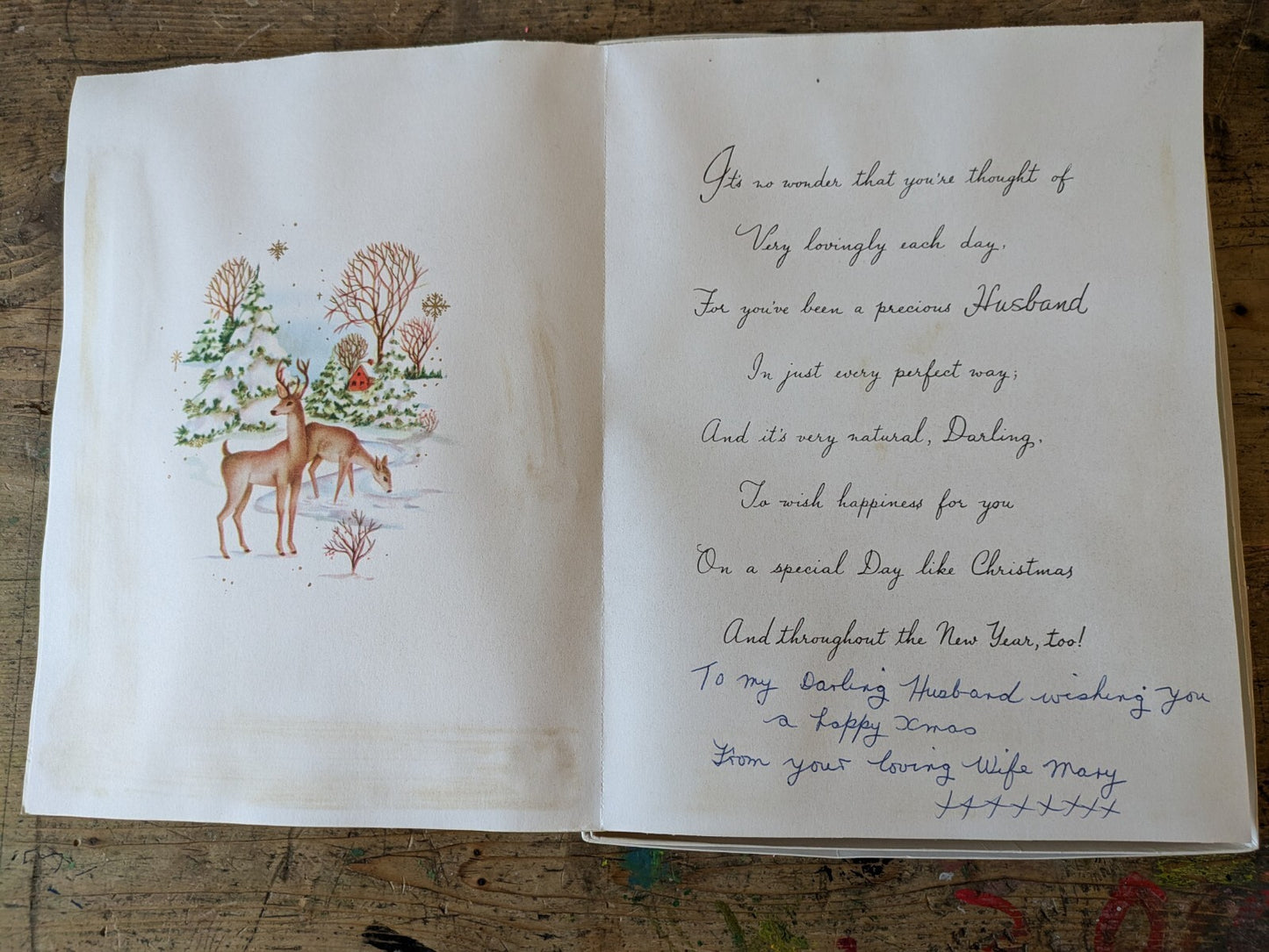 Vintage Deer 50s Padded Christmas Xmas Greeting Card Fabric Pine Cone Satin Vgc