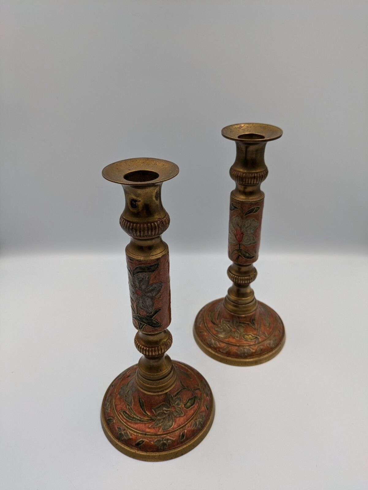 Pair Of Vintage Cloisonne Brass Candle Holder Enameled Brass Red & Blue Floral
