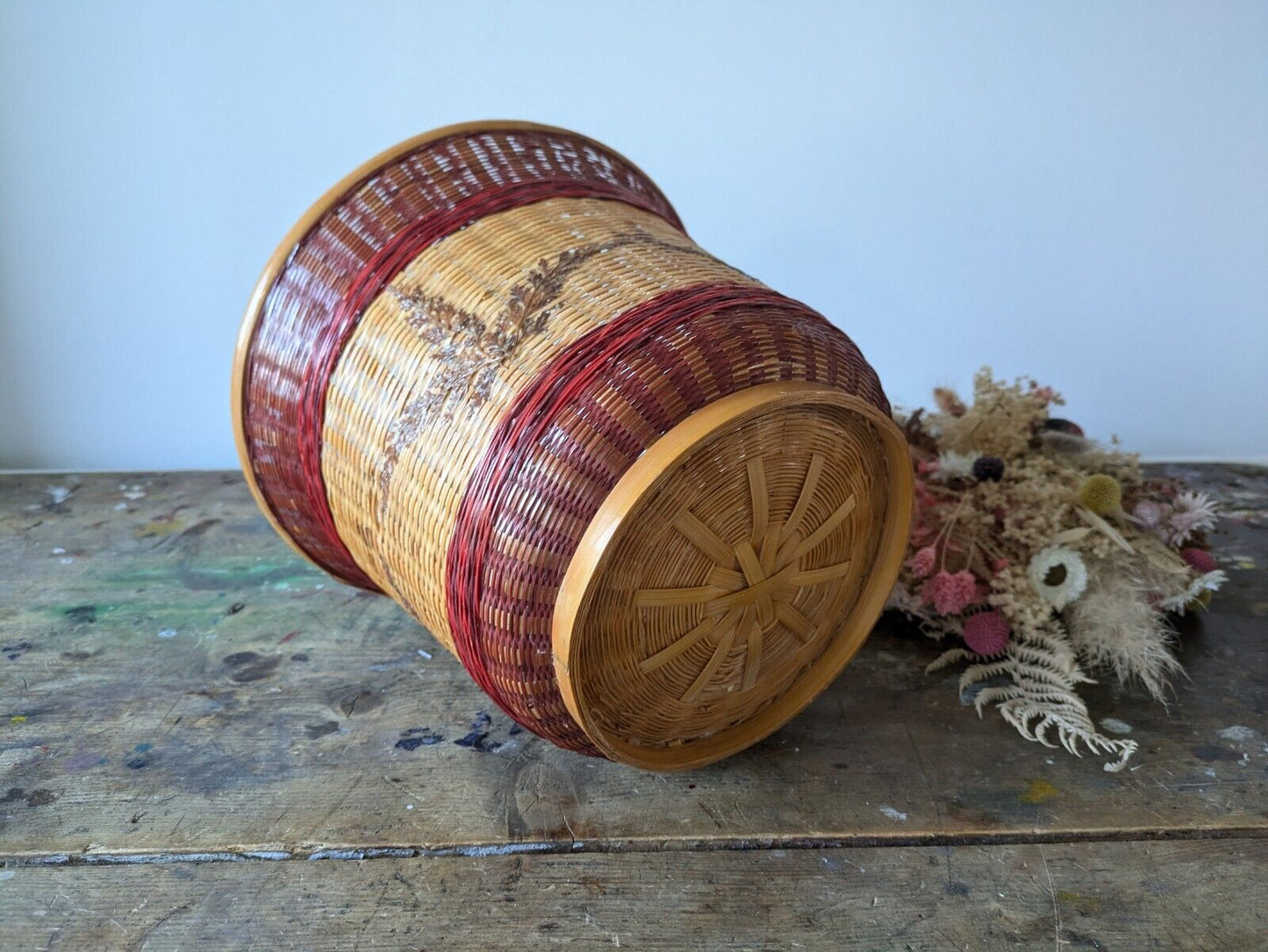 Red Cane Round Wicker Waste Paper Basket Woven Leaves Storage Vintage Bin Retro