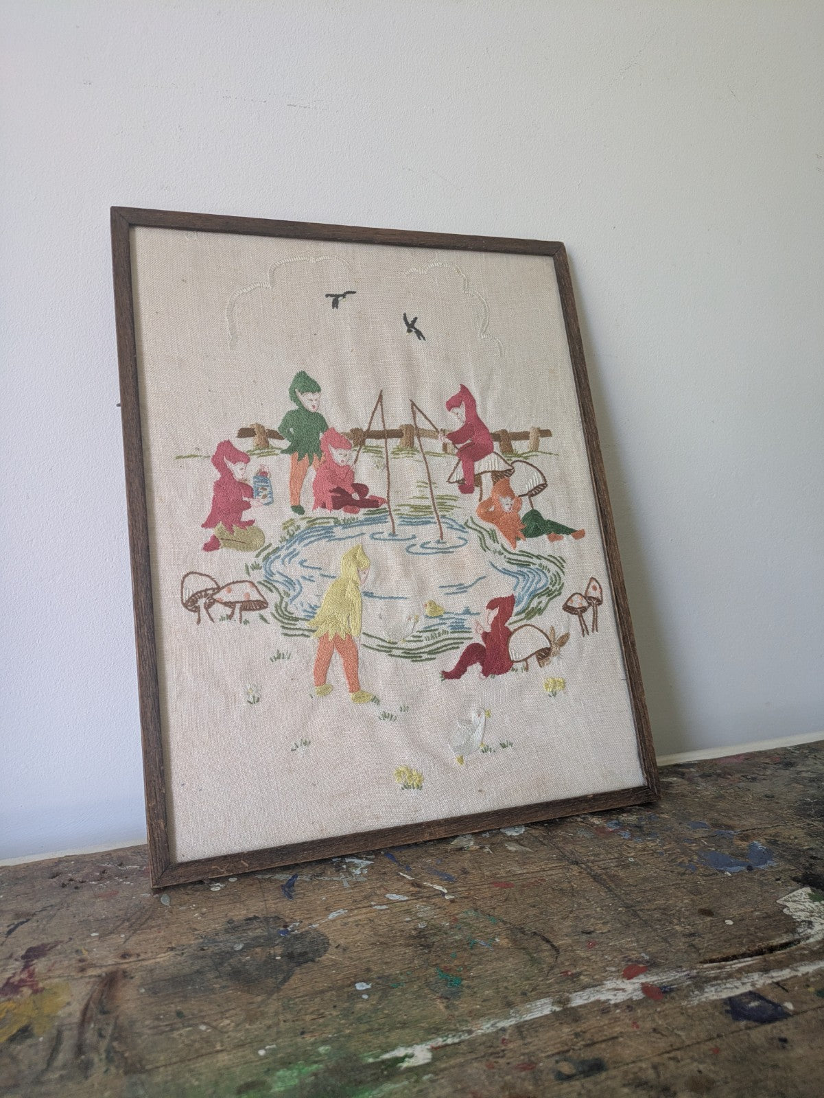 Vintage Hand Embroidered Oak Framed Picture Pixies Fishing Nursery Kitsch Retro 